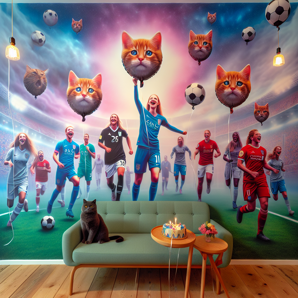 Venture into a surreal realistic birthday scene, where victory scenes of nondescript football teams, represented on ethereal wall murals, meet the glory of a generic women's football team. Suspended in this dreamlike setting are hyper-realistic balloons shaped like a ginger tabby kitten and a black cat, displaying unhappy expressions, reminiscent of a storyline from a popular time-traveling show where companions undergo whimsical transformations. The atmosphere hums with a diverse energy, embodying the festive spirit of different worlds converging.
Generated with these themes: Blackburn rovers, England women’s football team, Ginger tabby kitten, Grumpy Black cat , and Doctor who.
Made with ❤️ by AI.