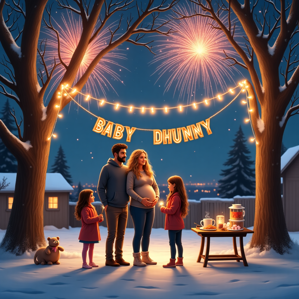 In the photograph, imagine a crisp New Year's Eve night in 2025, where the air is filled with the sparkle of anticipation and celebration. The scene unfolds in a spacious backyard, lightly dusted with snow, under a canopy of vibrant, colorful fireworks that burst and sizzle across the sky, echoing the promise of new beginnings. In the foreground, a family stands together, bathed in the glow of the fireworks. The mother, with flowing blonde hair, is cradling her baby bump with tenderness and joy. To her left, her husband with warm brown skin and brown hair, stands proudly, gently wrapping his arm around her shoulder. Flanking them are their two young daughters, each with cascading brown hair. One sister holds a soft, plush teddy bear, while the other grasps a sparkler, its light dancing in her eyes. Suspended across the scene, from the branches of two sturdy oak trees, is a delicate string of fairy lights that shimmer like stars. Intertwined with these lights, a festive banner waves gently in the breeze, emblazoned with the message, "Coming Soon Baby Dhunny," painted in elegant gold script. The banner seems to twinkle as if echoing the fireworks above. A small wooden table sits to the side, laden with a hot chocolate station, complete with steaming mugs, marshmallows, and cinnamon sticks. In the background, distant city lights twinkle, contributing to the ethereal beauty of this heartfelt celebration.
Generated with these themes: 2025, Fireworks, New years eve, Love, Welcome, Outside, Baby, Realistic, 2 sisters brown hair, Mother blonde hair, and Father brown skin brown hair.
Made with ❤️ by AI.