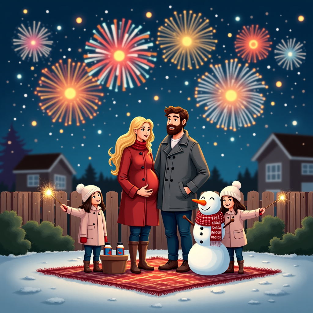 2025, Fireworks, New years eve, Love, Welcome, Outside, Baby, Realistic, 2 sisters brown hair, Mother blonde hair, and Father brown skin brown hair New-baby Card