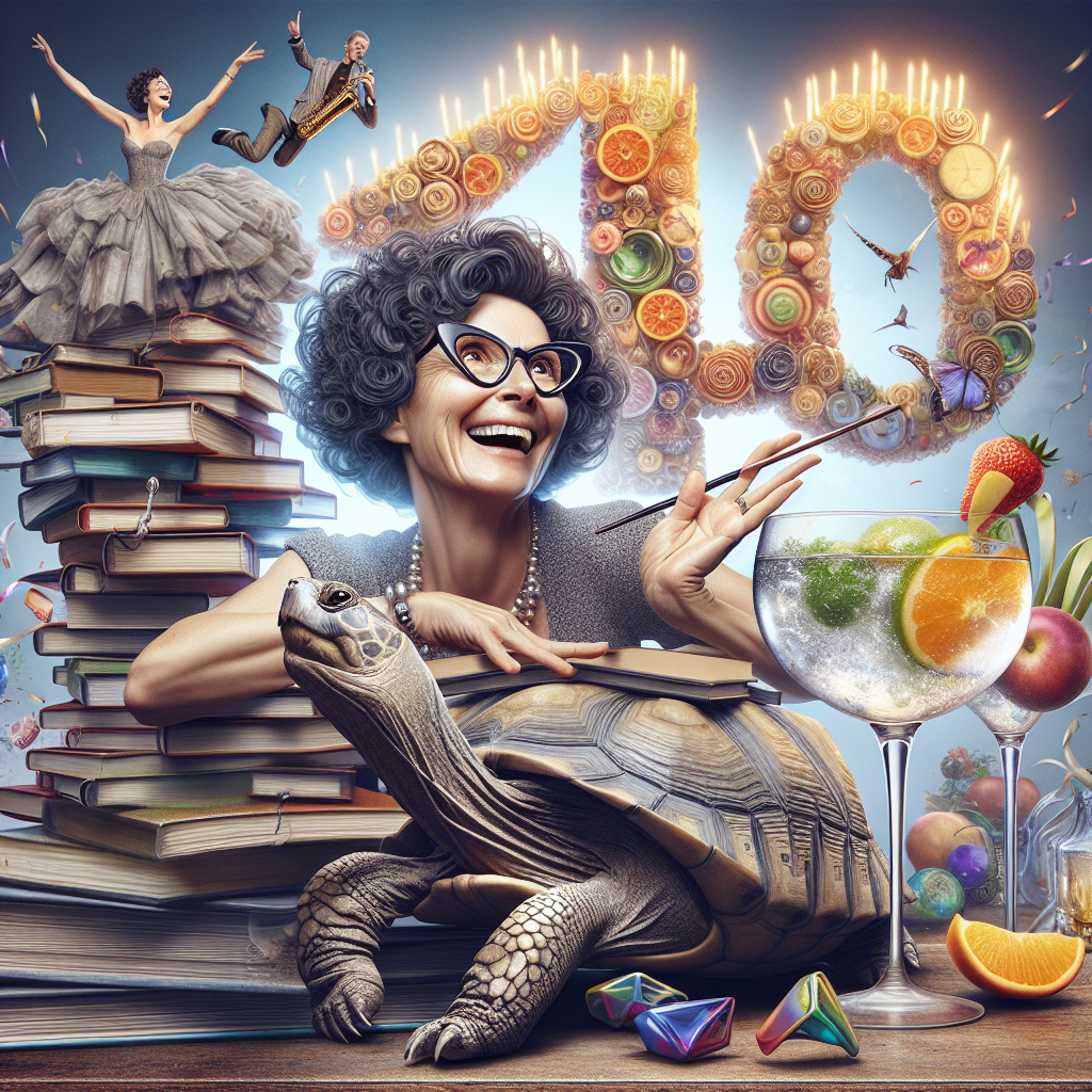 40th birthday celebrations, a white lady with short very curly dark hair and cat eye shaped glasses surrounded by piles of notebooks, a tortoise in the foregroound and an overall sense of fun., Music gig, and Large glasses of gin with fruit in Birthday Card