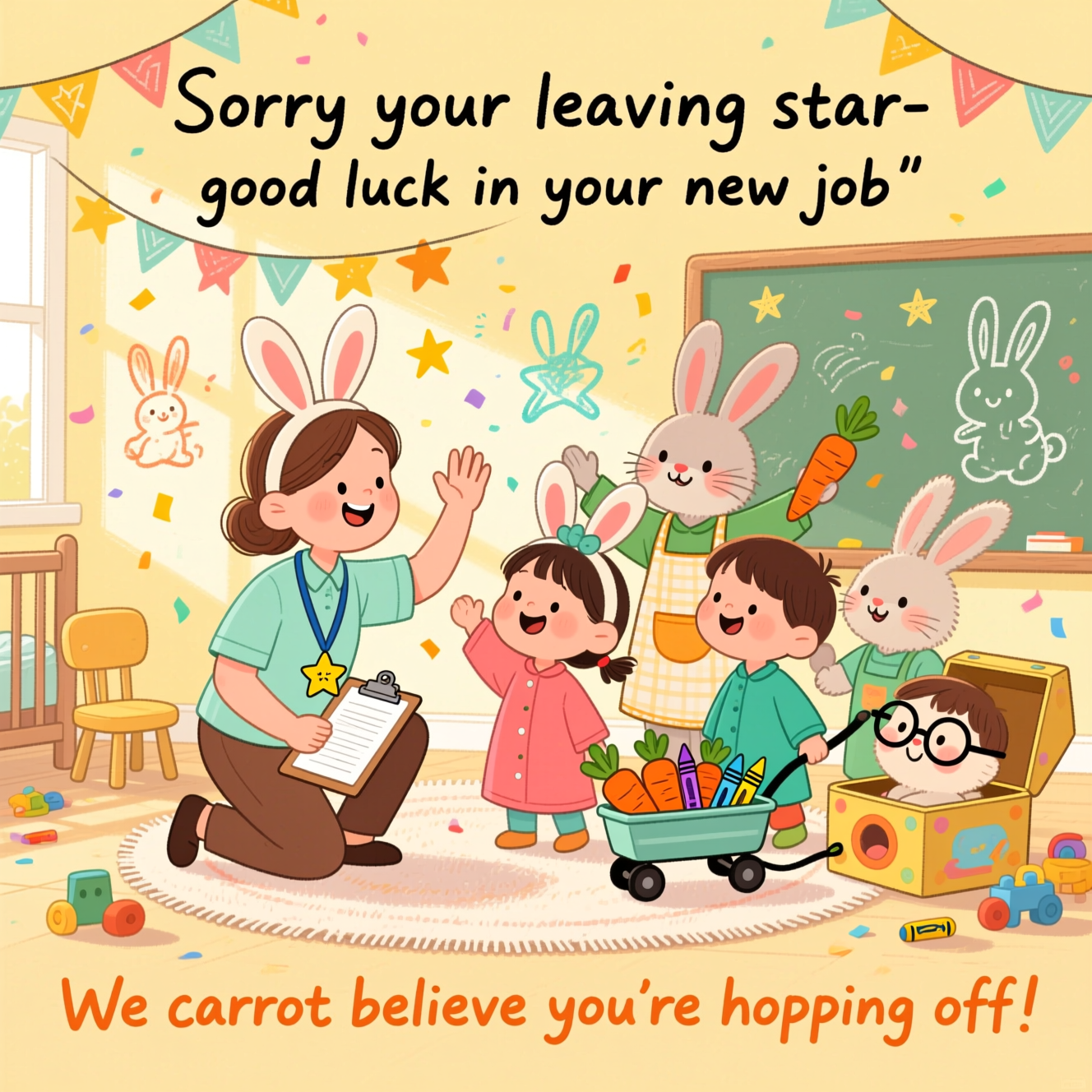 At the top of the Illustration Style image, "Sorry your leaving star- good luck in your new job"

At the bottom of the Illustration Style image, "We carrot believe you're hopping off!"

- Hand-drawn illustration with fine linework and textured brush strokes; balanced composition with generous negative space for the headline and punchline; warm, expressive palette (buttery yellows, soft corals, mint greens, cozy browns).
- Central scene: a cheerful nursery assistant (lanyard, star-shaped badge) kneels to high-five giggling children in colorful smocks and bunny-ear headbands, while a trio of fluffy rabbits “help” with the send-off—one in a tiny apron clutching a carrot-shaped clipboard, one tugging a little wagon piled with carrot-shaped crayons, and one popping out of a toy box wearing oversized glasses.
- Playful classroom vibes: star bunting and star confetti drifting through sunbeams, finger-painted bunny and star doodles on the wall, soft rugs, tiny chairs, and scattered toys; gentle motion lines and expressive faces add a funny, feel-good energy.
- Typography: hand-lettered, friendly script for the top line; the bottom punchline in a bold, bouncy handwritten style to accentuate the rabbit/carrot pun.
Generated with these themes: Rabbits , Nursery assistant , Children , and .
Made with ❤️ by AI.
