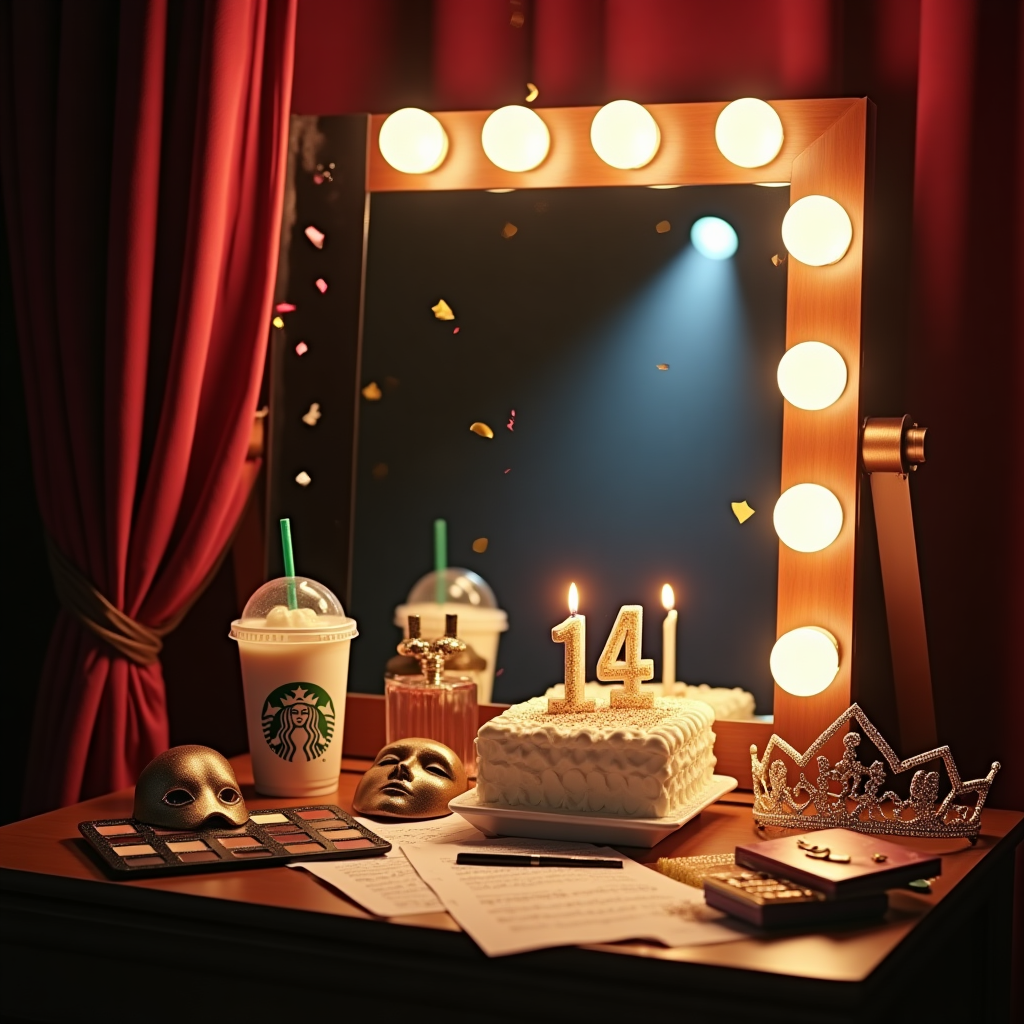 At the top of the Photorealistic picture taken from a camera image, Happy 14th Birthday to our amazing Granddaughter

Ultra-high-definition 4K UHD photograph with accurate lighting, lifelike textures, and rich depth of field. Funny, realistic backstage theatre scene moments before a musical: a glowing vanity mirror with round bulbs, a Starbucks cup (iced latte, green straw, playful lipstick mark on the lid) beside a crystal perfume bottle mid-spritz catching the spotlight, open makeup palettes and fluffy brushes dusted with fine glitter, a sparkly tiara resting next to classic comedy/tragedy masks, scattered sheet music with visible musical notes, and a small frosted cake topped with number-shaped candles 1 and 4. In the background and mirror reflection: rich red velvet curtains parting to a bright white spotlight cutting through gentle stage haze, confetti shaped like stars and musical notes ready to drop, hints of set pieces. Warm tungsten glow from mirror bulbs (3200K) plus a cool stage rim light; shallow depth of field so the vanity items are tack-sharp while the stage softly blurs. Shot on a full-frame camera, 50mm lens at f/2.2, ISO 400, natural filmic grain. Render the headline text across the proscenium arch in elegant marquee-style lettering that softly glows.

Add one small cheeky caption at the bottom right on a strip of gaffer tape: “Break a leg—just not your mascara!”
Generated with these themes: Theatre,performing arts,drama,musicals,starbucks,perfume,make up, and .
Made with ❤️ by AI.