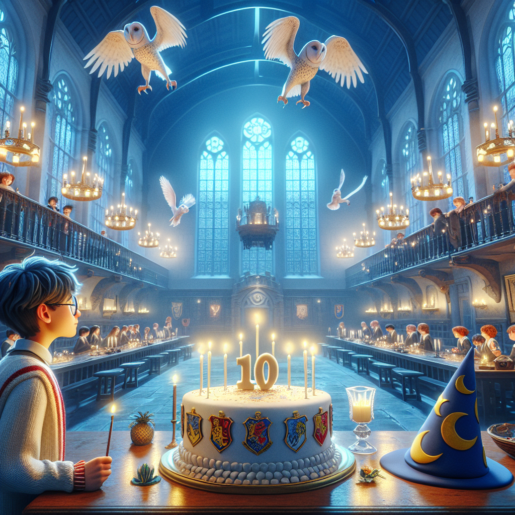 Hogwarts, The great hall, Cake, Snowy Owls, 10, The sorting hat, Harry potter, and Floating candles Birthday Card
