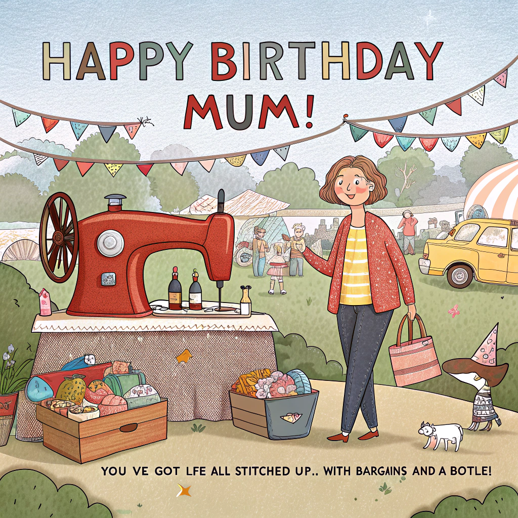 Car boot sales, Sewing machines, Red wine, and Birthday Card