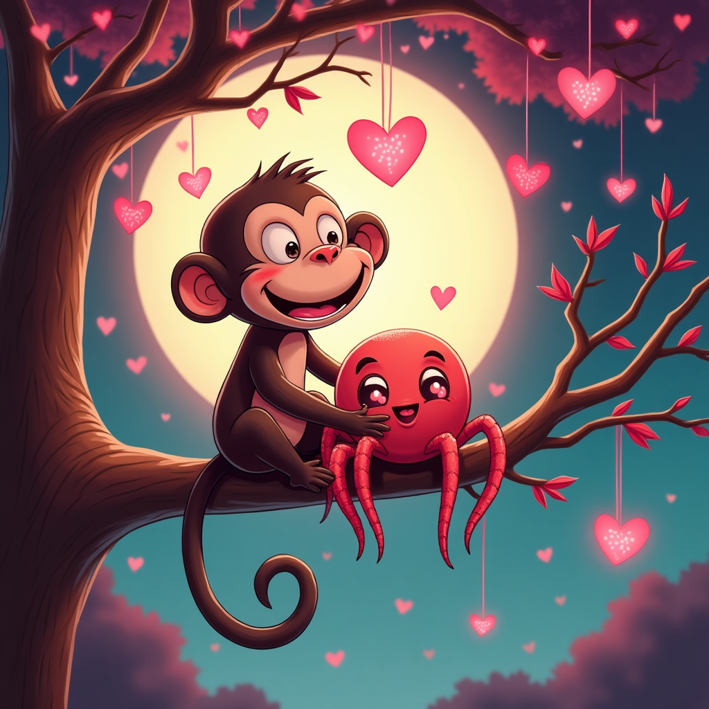 Here’s the greetings card image prompt in your requested style and format:  

---

At the top of the Cartoon Style image, write in playful, bubbly pink letters: **I love you Afnan Always and only dream about me**

A romantic Valentine’s Day cartoon scene: A big-eyed, goofy but adorable monkey with a huge grin is wrapping its long arms around a sweet, bashful spider with oversized sparkly eyes. The monkey and spider are sitting together on a tree branch shaped like a heart, surrounded by dangling vines that have little red heart-shaped leaves. Several tiny, cheerful spiders are hanging down on silky webs, weaving glowing heart-shaped spiderwebs in the background. The moon glows softly behind them, with little floating pink hearts scattered across the night sky. The monkey and spider look cozy and snuggly in their hug, exaggeratedly squishy and cartoonish, bursting with warmth and playfulness.  

At the bottom, add a cheeky handwritten caption in red: **“You’ve tangled me in your love!”**  

Style: Playful cartoon characters, thick black outlines, bright saturated colors (reds, pinks, oranges, greens), whimsical, full of energy and romance.  

---  

Would you like me to also design **a couple more variations of short, cheeky bottom captions** so you can pick the one that feels best for your card?
Generated with these themes: Monkey, Spiders, Romance, Hug, and .
Made with ❤️ by AI.