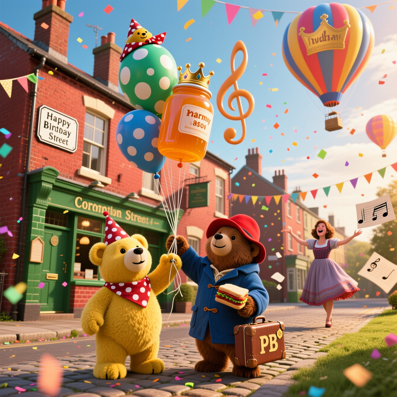 Hot air balloons, Coronation Street, Pudsey Bear, Paddington Bear, Sound of Music, and Birthday Card