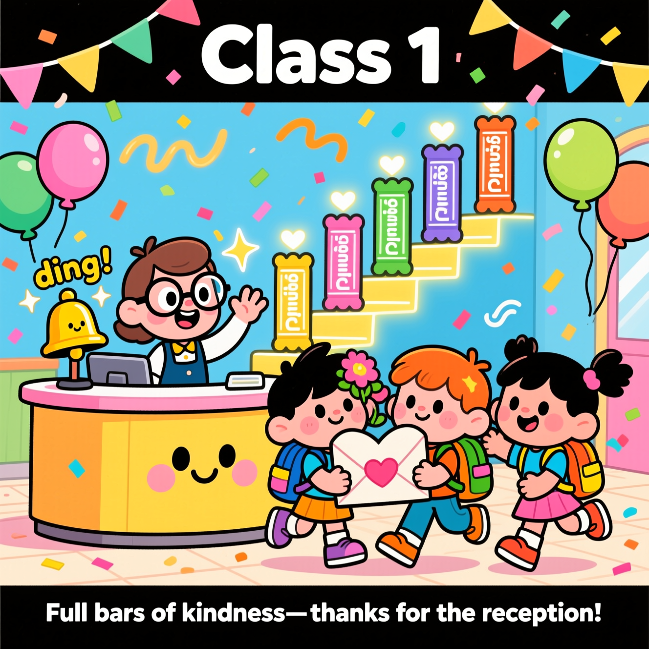 At the top of the Cartoon Style image, "Class 1"

At the bottom of the image, "Full bars of kindness—thanks for the reception!"

- Center scene: A cheerful school reception area rendered in cute, playful cartoon style. A big, rounded reception desk has a smiling face, with an adorable bell character going “ding!” (sparkle stars popping). A friendly receptionist with oversized glasses and a huge warm grin waves, while a trio of energetic, chibi-proportioned kids with giant colorful backpacks present a huge heart-shaped thank-you envelope and a bunch of crayon “flowers.”
- Visual pun: Behind the desk, five candy-bar-shaped “signal bars” rise in a jaunty staircase, glowing with heart-shaped pings to suggest perfect “reception.”
- Mood and motion: Confetti swirls, bunting arcs across the background, balloons bob, and squiggly motion lines show the kids’ bouncy excitement.
- Style notes: Thick black outlines, bright saturated colors (sunny yellows, bubblegum pinks, sky blues, lime greens, tangerine), big sparkly eyes, soft shadows, and whimsical, energetic poses. Keep any extra words out of the scene besides the top and bottom lines.
Generated with these themes: Reception , and .
Made with ❤️ by AI.