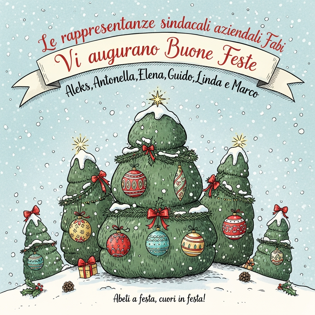 At the top of the Illustration Style image, Le rappresentanze sindacali aziendali Fabi Vi augurano Buone Feste Aleks,Antonella,Elena,Guido,Linda e Marco

Cute Christmas, hand-drawn illustration with fine linework and textured brush strokes, balanced portrait composition, warm expressive color palette (forest greens, holly reds, soft golds, snowy creams, sky blues). Scene: a cozy grove of abeti (fir trees) in fresh snow; a tall central abete, plush and rounded, flanked by smaller abeti forming a gentle arc. Branches are adorned with sparkling palle di Natale — glass baubles in red, gold, teal with delicate patterns, satin ribbons, and soft glowing highlights — plus a twinkling star atop the central tree. Gentle snowfall, velvety bokeh lights, snow-kissed edges, subtle cold-pressed paper texture. Place the long top text as elegant hand-lettered Italian calligraphy on a curved cream ribbon banner across the upper sky, inked in warm cranberry red for contrast and readability. Add tiny charming details like pinecones, bows, and subtle shimmer on the baubles; no characters, keep it whimsical yet refined, lots of cozy negative space. At the bottom, a small playful caption in handwritten script: “Abeti a festa, cuori in festa!”
Generated with these themes: Abeti e palle di natale, and .
Made with ❤️ by AI.