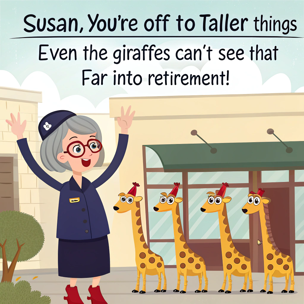 Boots Opticians, Giraffe , Optician Assistant retiring, Favourite colour orange , Wears royal blue blouse, dark navy skirt, red glasses, grey short bob haircut, and Holding a coffee travel cup that has giraffes on Farewell Card