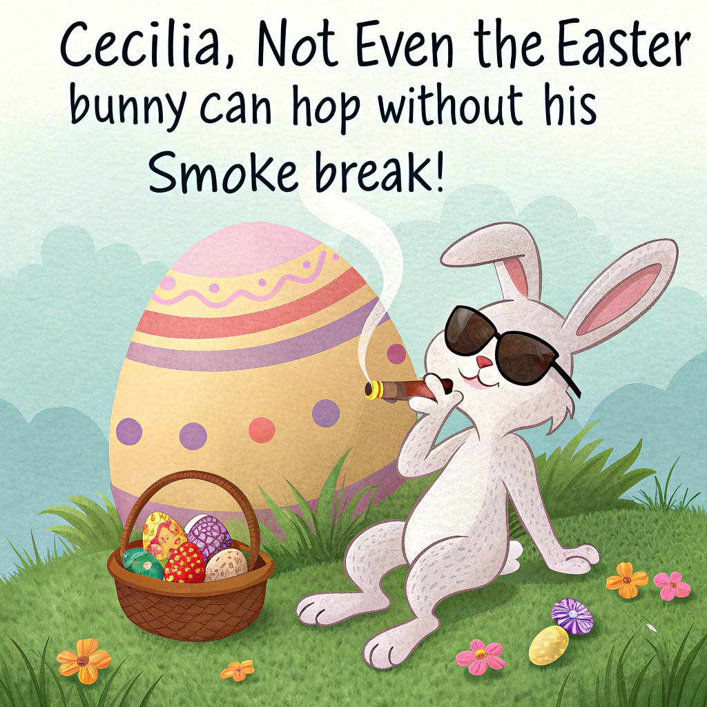 At the top of the image, "Cecilia, not even the Easter Bunny can hop without his smoke break!"

- Depict a quirky cartoon scene: a scruffy, slightly frazzled Easter Bunny reclining against a giant, pastel-colored egg. He's got sunglasses, a floppy ear, and a tiny cigarette hanging from his mouth (with a cloud shaped like a carrot drifting up).
- Around him are colorful Easter eggs, a basket of chocolate with bite marks, and one annoyed chick holding a tiny “No Smoking!” sign.
- A trail of jellybeans leads up to him like cigarette butts.
- A few curious kids peek from behind a bush in the background, whispering and pointing.

Add at the bottom of the image: "Eggs, chocolate, and a quick puff—some traditions never crack!"
Generated with these themes: SMOKING BUNNY, and .
Made with ❤️ by AI.