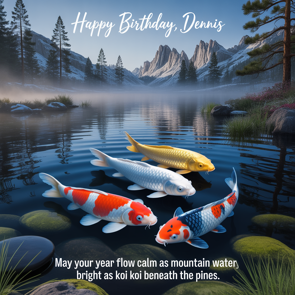 Koi fish, mountains, pine trees, and Birthday Card