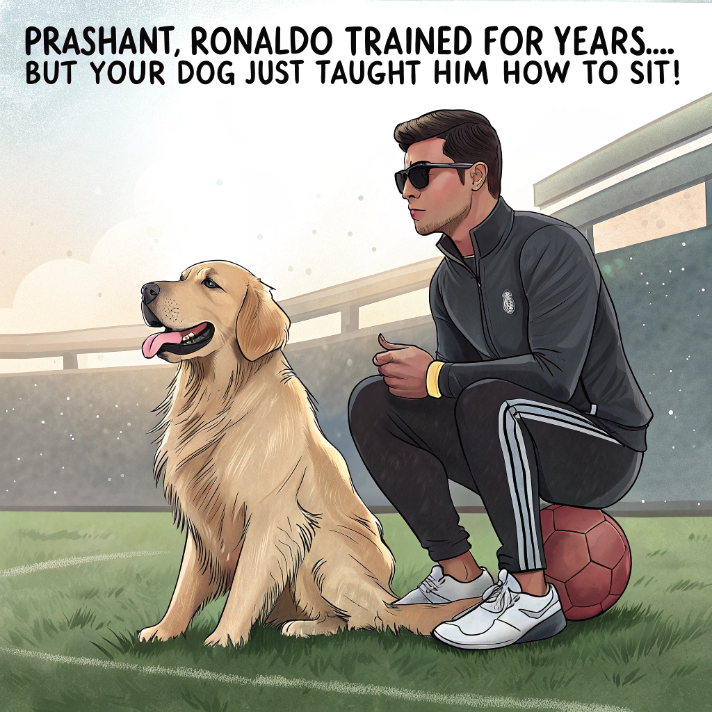 At the top of the image, "Prashant, Ronaldo trained for years… but your dog just taught him how to sit!"  

— Imagine a highly realistic, humorous photograph: Cristiano Ronaldo, mid-training on a lush football field, crouched in front of a fluffy, overly proud golden retriever wearing tiny aviator sunglasses. The dog holds a whistle in its mouth like a coach, while Ronaldo is obediently mimicking a "sit" position beside it, tongue slightly out, tail (not really, but metaphorically) between his legs. A chew toy football lies dramatically between them.
Generated with these themes: ronaldo and a dog.
Made with ❤️ by AI.