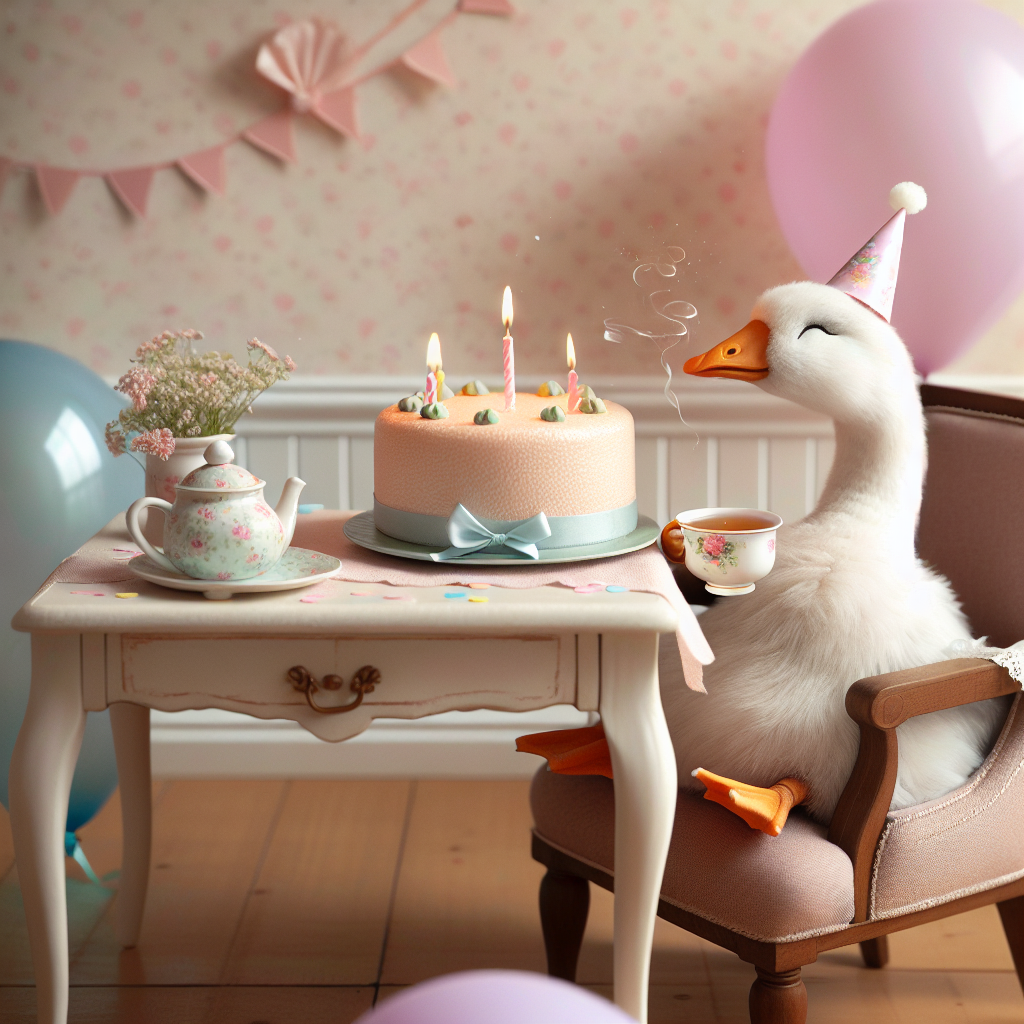 A comforting image of a birthday celebration: A delightful goose, adorned with a party hat, is seated elegantly at a charmingly quaint table. On the table rests a pastel-toned birthday cake. The goose, appearing joyfully content, sips tea from a delicate cup. The scene is further enhanced by the presence of floating balloons and gentle confetti, together evoking a sense of cozy celebration.
Generated with these themes: Goose tea.
Made with ❤️ by AI.