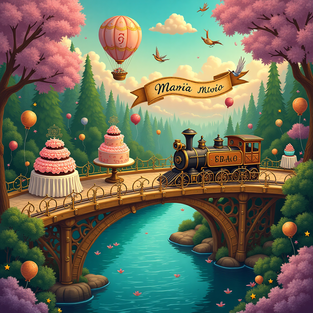 The scene unfolds on a fantastical bridge that spans a whimsical river, painted in varying shades of blue and emerald green, reflecting the glistening golden sunlight. This bridge, crafted from intricately interlocking gears and mathematical symbols—like pi and infinity symbols—features elegant wrought-iron railings adorned with swirling algebraic equations and geometric patterns.

Perched along the bridge, a lively birthday celebration is in full swing. There are tables draped in crisp white cloths, laden with an array of colorful confections—cupcakes with swirling pink frosting, a large cake with tiered layers adorned with numbers and symbols made of sugary fondant, and small bowls of multicolored candies arranged like a painter’s palette.

Around the bridge, various traveling elements animate the scene: a hot air balloon floating above, its balloon fabric covered in a patchwork of travel maps and route lines; a small vintage steam train chugging along a suspended rail beneath the bridge, its carriages marked with tiny number sequences as if charting a course.

A whimsical birthday banner arches over the bridge, festooned with tiny paper planes and star-shaped balloons. The banner reads "Maria" in flowing script, each letter decorated with miniature mathematical motifs and tiny globes, as if charting her personal journey.

In the background, lush forests in vivid greens and purples stretch out, with trees dotted with clusters of mathematical symbols instead of leaves. A winding path, bordered by wildflowers in vibrant pinks, yellows, and blues, meanders into the distance, inviting exploration.

The sky, a dreamy gradient of orange and lavender, is dotted with small, fluffy clouds. Amongst them, a few dapper birds, drawn in an Aubrey Beardsley-inspired style, fly with elegant mathematical instruments like compasses and rulers clutched in their claws, drawing invisible constellations.

This scene captures an intricate blend of birthday jubilation, travel, and mathematical wonder, all converging on this marvelous bridge of celebration.
Generated with these themes: Bridge, Travelling, and Math.
Made with ❤️ by AI.
