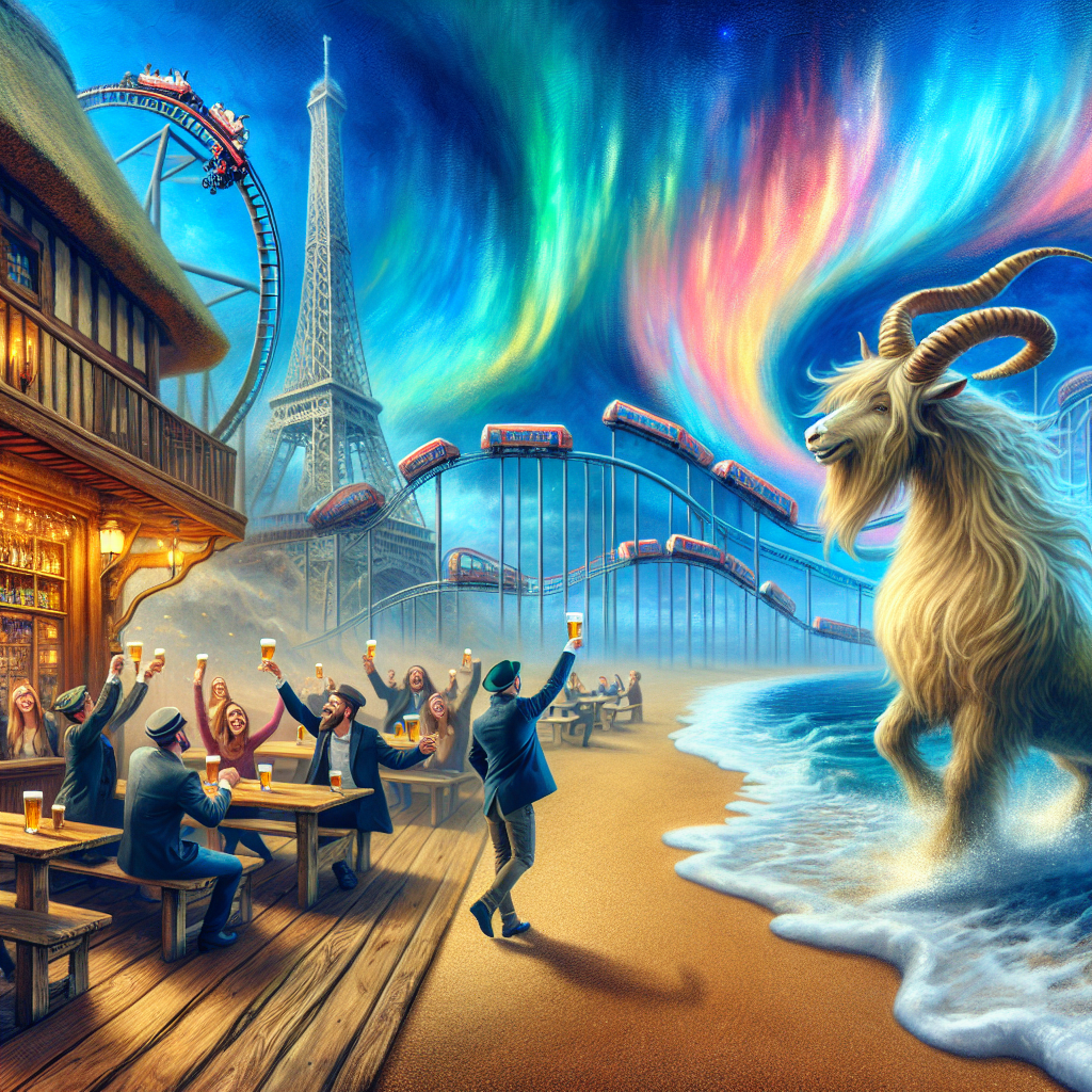 Imagine a dreamscape where the grains of beach sands seamlessly transition into a wooden floor of a traditional pub, the friendly patrons raising their glasses in joyful cheers to a popular melody. Overhead, roller coasters encircle a famous tower from Paris, their tracks intricately mingling with a busy funicular railway. The sky above is painted with brush-strokes of intense hues that rival the brilliance of the Northern Lights. In this fantastical ambiance, a mythical one-horned creature prances along the shoreline, its flowing mane dyed with hues that capture the excited essence of a birthday celebration.
Generated with these themes: Beyonce, Funicular railways, Pubs, Beaches, Roller coasters, France, Unicorn, and Colours.
Made with ❤️ by AI.