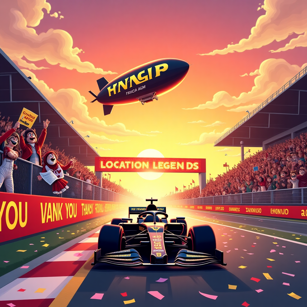 A black and gold formula one car from the APXGP team winning a F1 Grand Prix at sunset in front of a cheering crowd holding up banners saying THANK YOU and LOCATION LEGENDS Thank-you Card