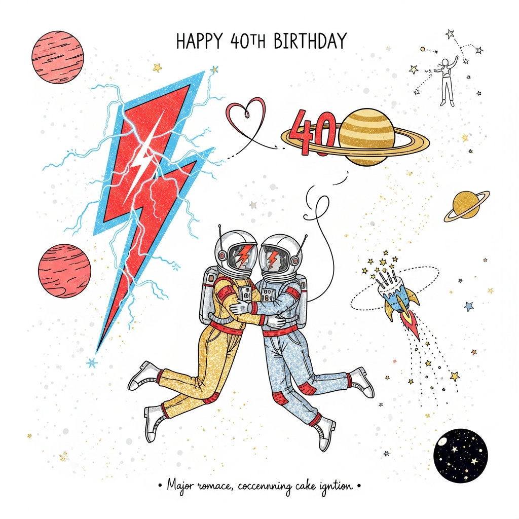 At the top of the Illustration Style image, Happy 40th Birthday

Romantic, hand-drawn space scene with fine linework and textured brush strokes: a glam-rock couple floats in a starry cosmos, gently holding each other in zero‑gravity. Their glittering retro-future spacesuits shimmer in warm hues; a heart-shaped tether curls around them to suggest the number “40,” with a ringed planet forming the “0.” A luminous red-and-electric-blue lightning-bolt nebula arcs behind them as a subtle David Bowie nod, while distant planets glow in coral, blush, gold, and midnight indigo. One visor catches a flash of a lightning motif, and tiny constellations quietly outline a starman silhouette in the background sky. A small rocket-cake with sparkling candles orbits nearby, trailing stardust that twinkles like confetti. Balanced composition, warm and expressive color palette, soft rim light, and speckled paper grain for tactile charm; delicate ink outlines and painterly textures throughout.

Add at the bottom in small, cheeky handwritten script: Major romance, commencing cake ignition.
Generated with these themes: David bowie, Space, 40th borthday, and .
Made with ❤️ by AI.