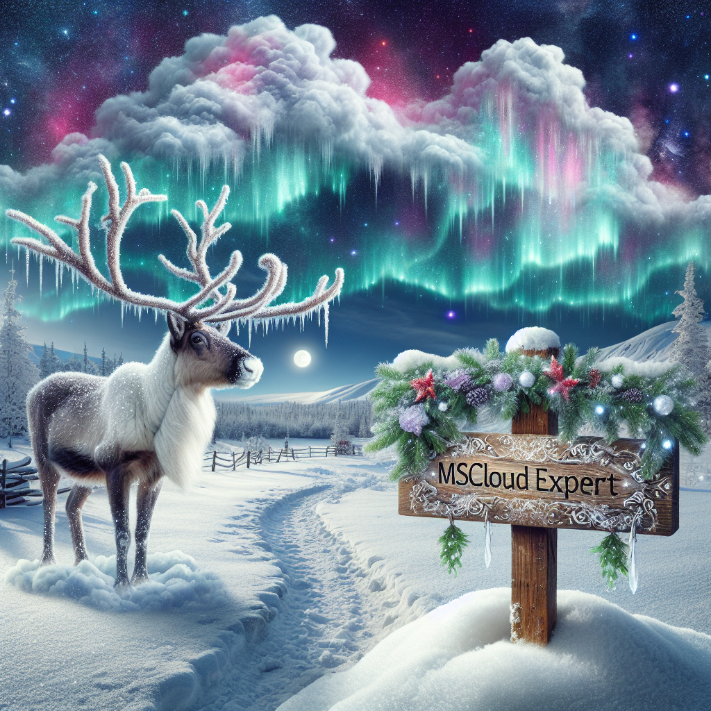A snowy landscape dominates the scene with a reindeer in the foreground, its breath fogging in the cold air. Above it, the Northern Lights undulate in the sky, subtly forming a pattern reminiscent of the Microsoft Azure logo. On a rustic wooden signpost, the phrase 'MSCloudExpert' is etched with festive garland wrapped around the post.
Generated with these themes: Microsoft Azure.
Made with ❤️ by AI.