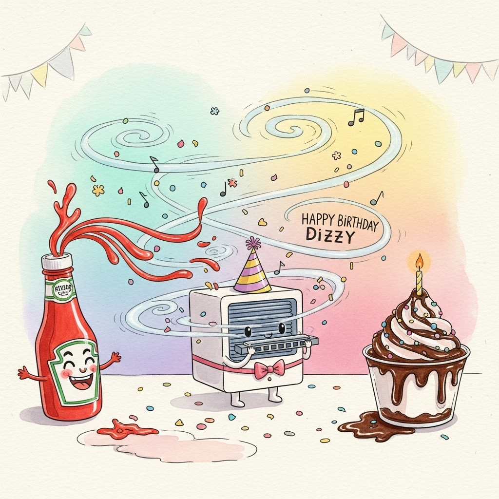 At the top of the Watercolor Style image, Happy Birthday Dizzy

A whimsical, funny watercolor scene on warm off-white paper with visible texture: center stage, a cute, boxy air purifier in a striped party hat and bow tie “plays” a shiny harmonica, sending pastel-clean breeze swirls that spiral around the scene like dizzy loops. The breezes carry tiny musical notes and confetti painted in loose, soft-edge strokes with delicate pigment blooms.

On the left, an exuberant red ketchup bottle with a cheeky grin squeezes out ribbon-like ketchup streamers that arc into the airflow, breaking into playful watery splatters and blooms. On the right, a cup of chocolate yogurt posed like a mini birthday cake—rich cocoa swirl piled high, a single lit candle perched on top—glossy highlights, drippy chocolate blushes, and a few colorful sprinkles.

Foreground: a soft tabletop wash with puddled pigment edges; scattered confetti and tiny harmonica “sound lines.” Background: airy gradient wash from minty teal to warm blush with subtle backruns; faint party bunting suggested by negative space. Palette: tomato reds, cocoa browns, minty teals, buttery yellows, and soft lilacs. No hard outlines—loose, expressive brushwork, delicate gradients, and natural paper texture throughout for an airy, organic feel and a big, laugh-out-loud birthday vibe.

At the bottom of the Watercolor Style image, add a small, hand-lettered caption: Ketch-up, blow the blues, and swirl-brate!
Generated with these themes: Ketchup, Harmonica, Air purifier , Chocolate yogurt, and .
Made with ❤️ by AI.