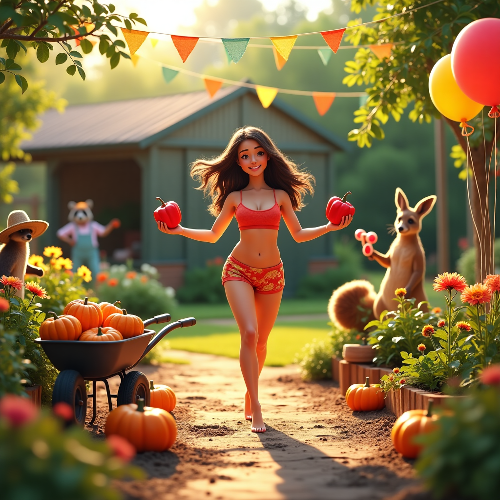 At the top of the realistic photograph image: "Mirella, it's your birthday—so salsa with the squash and deadlift a daffodil, eh mate?!"

**Image Prompt:**  
A vibrant and cute realistic photograph of a sunny backyard garden that blends cultural elements from Australia and Canada. In the center, a joyful young woman with flowing hair and gym gear is Latin dancing barefoot in the soil, surrounded by a lush vegetable patch. She's spinning with a red bell pepper in each hand, mid-twirl, striking a playful dance pose beside a wheelbarrow full of pumpkins and gym dumbbells. A curious kangaroo in a straw hat watches from the left while a raccoon wearing gardening gloves peeks from behind a potting bench. Maple leaves gently float through the air alongside eucalyptus branches strung like party bunting above. Brightly colored birthday balloons bob near a rustic garden shed, and a boom box in the corner blasts festive Latin tunes. Everything is soaked in warm golden-hour light for that magical cute, cozy feel.
Generated with these themes: Latin Dancing, Gardening, Australia, Canada, and Gym.
Made with ❤️ by AI.
