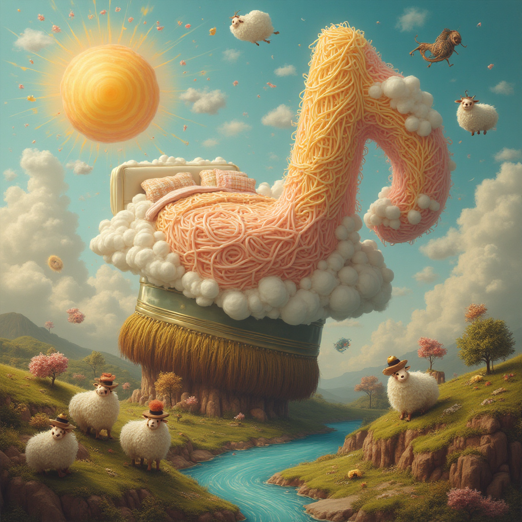 At the top of the Surreal Style image, place the text: "Just because"

**Image Prompt:**

In a dreamlike, whimsical landscape, envision a giant musical note shaped like a cozy bed, with pillows and sheets made of marshmallow clouds. This peculiar bed is balancing atop an oversized paintbrush that is resting on a large, swirling canvas of colors. Above the scene, an apple-shaped sun casts a golden hue across the sky, its beams turning into strands of spaghetti as they descend. Below, a river of flowing chocolate serenades the landscape, with tiny violins floating gracefully along its surface. Floating in the sky, whimsical sheep wearing berets and playing tiny harps drift peacefully. 

Incorporate a cheeky caption: "I dream of food, music, and you."
Generated with these themes: Food, Sleep, Music, Art, and .
Made with ❤️ by AI.
