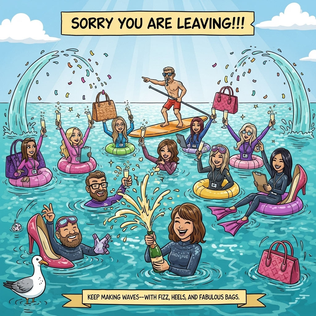 At the top of the Cartoon Style image, Sorry You Are Leaving!!!!

Playful, funny cartoon scene with thick black outlines, exaggerated proportions, and bright saturated colors. Open-water farewell party on a glittering teal sea beneath a sunny sky.

Center foreground: Caroline (shoulder-length brown hair) half-submerged, grinning in a sparkly wetsuit, popping a prosecco bottle so golden fizz sprays in an arc.

Around her: the HR team in the water — 2 men with beards and glasses, 5 women with long brown hair, 2 women with long black hair, 2 women with long blonde hair — all in vivid wetsuits and caps, striking whimsical, energetic poses, cheering with champagne flutes, wearing waterproof ID lanyards, some clutching floating clipboards.

Designer drama: oversized luxury-style handbags used as floaties and mini boats; giant high-heeled shoes bobbing like buoys; a couple of teammates kick with silly stiletto-fins; handbags resting on tiny inner tubes; a seagull cheekily eyeing a glass of fizz on a handbag.

The Boss behind them on a paddleboard like a lifeguard, sunglasses and whistle on, pointing forward heroically.

Details: dynamic splash arcs, sparkling droplets, confetti streamers in hot pink, lemon yellow, and aqua; sunbeams and a clean, open sky at the top for the headline. Exaggerated, expressive faces; lively, energetic poses; thick outlines; high-contrast, saturated palette; no logos.

Place one small cheeky caption near the bottom on a wavy ribbon: Keep making waves—with fizz, heels, and fabulous bags!
Generated with these themes: Open water swimming, Prosecco, Designer handbags, Designer shoes, HR Team - 2 men with beard and glasses, 5 women long brown hair, 2 women long black hair, 2 women long blonde hair, Caroline shoulder length brown hair, the Boss, and .
Made with ❤️ by AI.