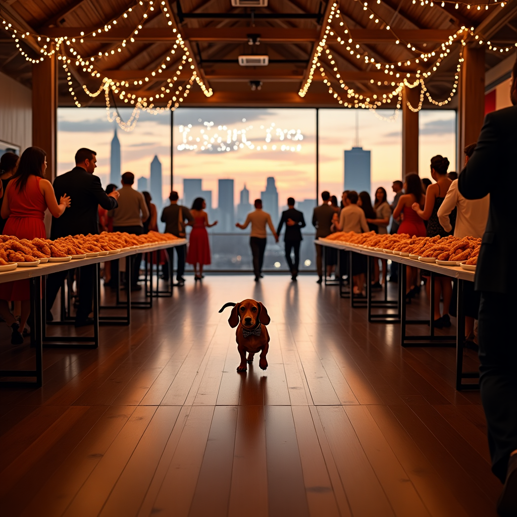 In a spacious, rustic yet elegant indoor reception room with wooden beams and a polished wooden dance floor, a racially diverse crowd dances joyfully. The room is adorned with strands of twinkling fairy lights draped across the ceiling, casting a warm, festive glow. At the center of the dance floor, a prominent "Road Closed" sign humorously stands, as if the joyful dancers have taken over the street, turning the closure into a celebration of gratitude. On long tables lining the room, enormous, skinny oval white ceramic platters piled high with fried shrimp are displayed, their golden crusts glistening under the ambient light, inviting guests to indulge. The back of the room is cleverly opened with a wide window showcasing the iconic New York skyline, its skyscrapers standing tall against the backdrop of a painted sunset, infusing the scene with urban charm. Playfully prancing through the dancers is a brown dachshund, its tail wagging in sync with the music, wearing a small bow tie that matches the rustic elegance of the setting. In the sky, visible through the wide window, the words "Thank You" are artistically arranged in the clouds, as if painted by the hand of a whimsical sky artist, perfectly capturing the essence of the occasion and conveying heartfelt gratitude to the recipient.
Generated with these themes: Prominent Road closed sign, Racially diverse crowd dancing on wooden dance floor, Huge skinny oval white ceramic platters of fried shrimp, New York Skyline, Indoor rustic but elegant wooden reception room with strand lights, and Brown dachshund.
Made with ❤️ by AI.