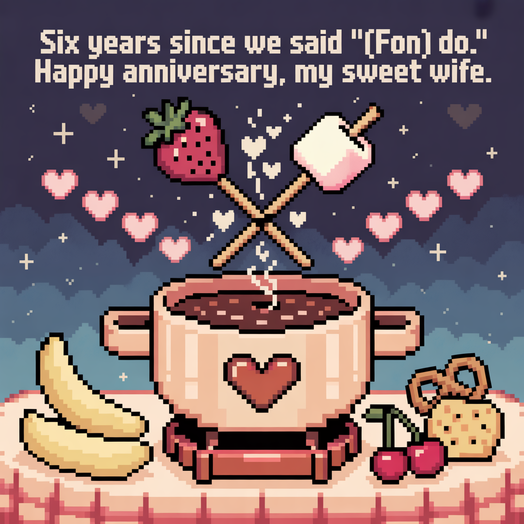 At the top of the Pixel Art Style image, "Six years since we said 'I (fon) do.' Happy anniversary, my sweet wife."

- Cute 8-bit pixel scene centered on a heart-shaped chocolate fondue pot, bubbling with glossy pixel-chocolate and tiny heart-shaped steam puffs rising.
- Two crossed pixel skewers form a subtle heart silhouette: one holds a strawberry, the other a marshmallow, each with ring-shaped gold handles nodding to wedding bands; chocolate drips make a little pixel heart on the table.
- Arrange six tiny pink pixel hearts orbiting the pot like a retro power-up trail to mark the six years.
- Surround the pot with small dip treats in neat pixel icons: banana slice, pretzel, cherry, cookie—kept simple and chunky.
- Background: cozy midnight-blue with twinkly star pixels and faint heart-bokeh; tabletop is a red-and-white 8-bit checkered cloth.
- Color palette: warm cocoa browns, cream, blush pinks, strawberry reds, and a touch of gold; crisp 8-bit arcade font for text, with chunky square pixels and minimal dithering; bold 1–2 px highlights on metal and chocolate for that retro shine.

At the bottom of the image, "Still melting for you — Level 6 unlocked!"
Generated with these themes: Chocolate fondue, and .
Made with ❤️ by AI.