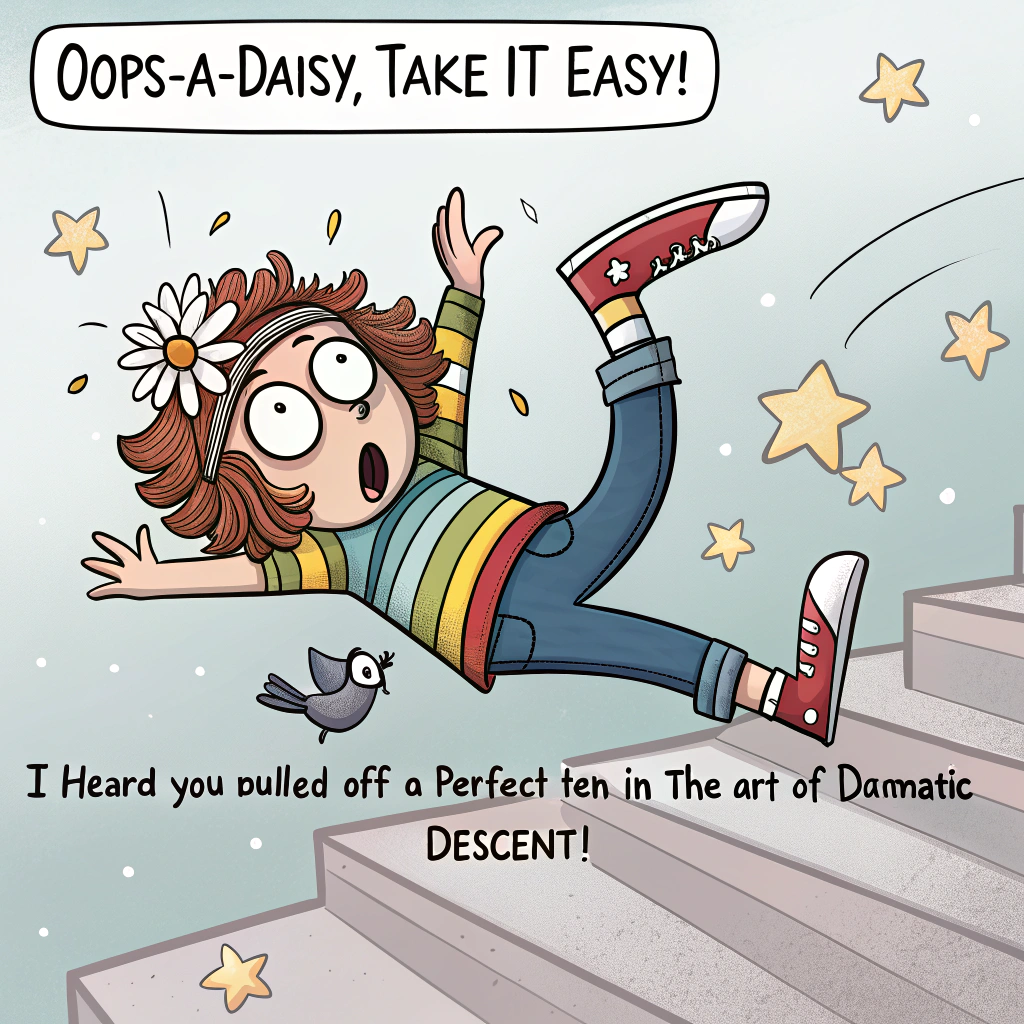 At the top of the image, "Oops-a-Daisy, Take It Easy!" 

At the bottom of the image, "I heard you pulled off a perfect ten in the art of dramatic descent!" 

- Illustrate a whimsical cartoon scene with a character comically tumbling down a flight of stairs. 
- The character has a surprised expression, with exaggeratedly bent limbs, and colorful bandaids on both ankles.
- Around them, include playful details like floating stars and a tiny bird caught off guard in the chaos, adding to the humor.
Generated with these themes: Generate me a greeting card that says "Sorry you fell over" and has a cartoon of someone humorously falling down some steps and hurting both of their ankles, and .
Made with ❤️ by AI.