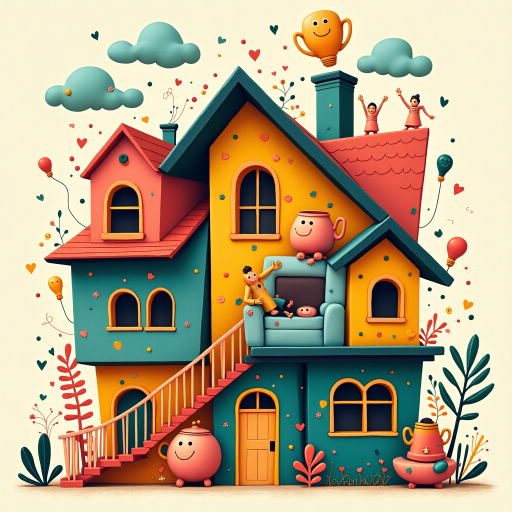 **Prompt:**

At the top of the abstract image, write: **“Home Sweet Own – Way to Go Manav & Family!”**

Create a funny and whimsical abstract image celebrating Manav & Family's new home. Imagine a surreal house made entirely of random joyful objects – like sofas shaped like giant marshmallows, chimneys puffing out confetti instead of smoke, and abstract dancing forks to represent housewarming feasts. Floating windows smile, and staircases twist playfully into swirls like curly fries. Abstract human figures – all happy blobs – high-five while balancing teacups on their heads. The colors should be bold and eccentric, with vibrant yellows, rich teals, and warm corals – to capture the joyful chaos and blessing-filled energy of a new beginning. Hidden throughout the composition, subtly place small symbols of love, laughter, and opportunity – like doors with tiny hearts, giggling light bulbs, and open windows leading into infinite colorful skies.
Generated with these themes: Dear Manav & Family,  Congratulations on your beautiful new home! May it be a place filled with joy, laughter, and lasting memories. Wishing you all the happiness, peace, and love as you begin this new chapter.  Here’s to warm beginnings and a home full of blessings. May every room echo with laughter and every window open to great opportunities..
Made with ❤️ by AI.