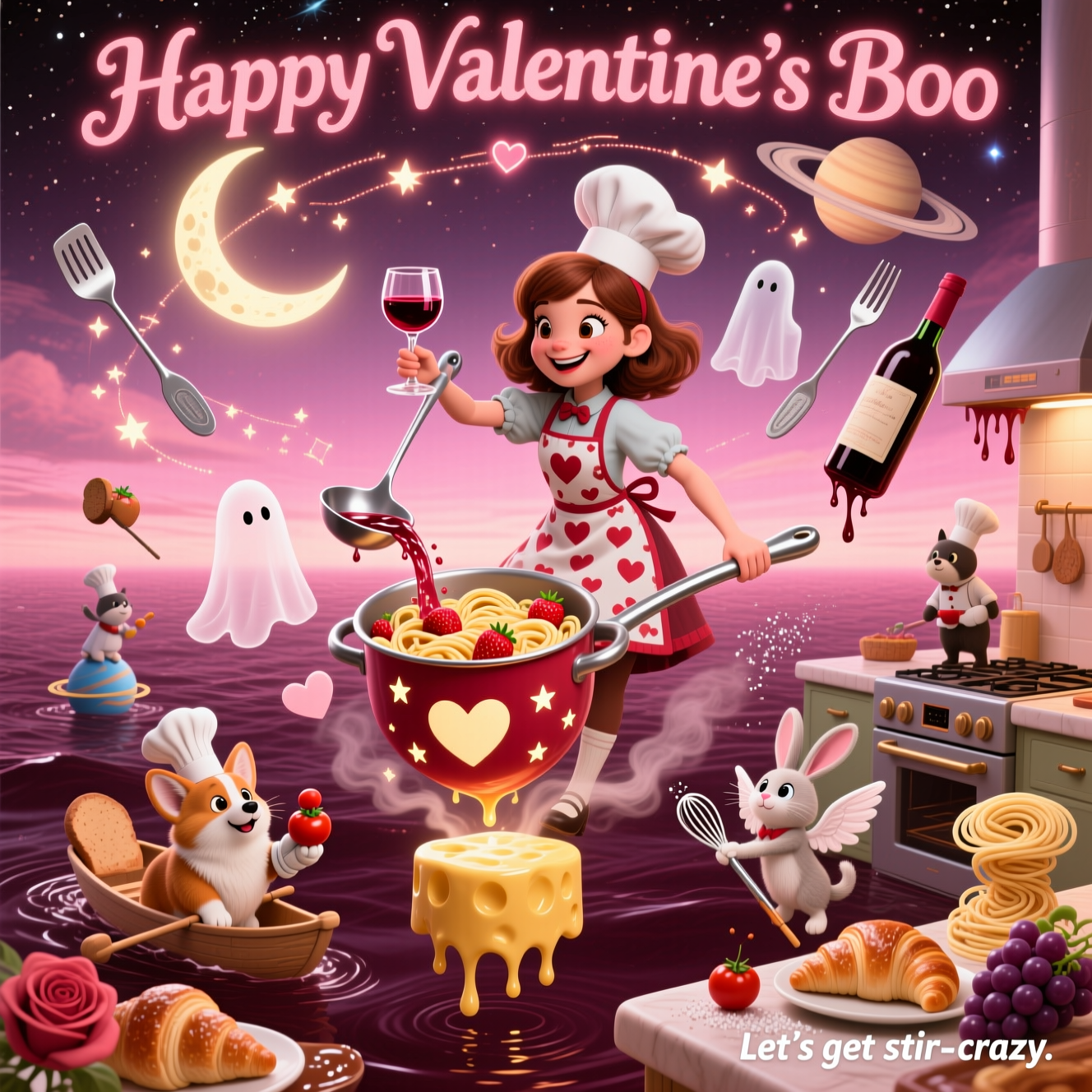 Cooking wonderful food, Drinking delicious wine, Cute animals, Brown haired girl, Being slightly unhinged, and Valentines-day Card