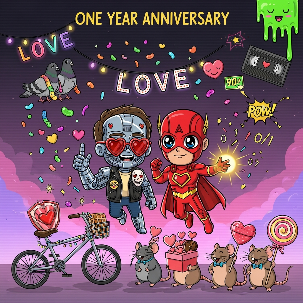 At the top of the Cartoon Style image, One Year Anniversary 

Full-bleed, cute cartoon scene with exaggerated chibi proportions, thick black outlines, and bright saturated colors. Center stage: a cuddly chibi couple in a dynamic, celebratory pose. One wears a tiny leather jacket, heart-shaped shades, and a shiny chrome arm giving a thumbs-up (adorably T-800-inspired). The other is a bold, comic-book superhero in a candy-red suit with a heart emblem glowing like an arc-reactor and a mini cape fluttering, both with sparkling big eyes and rosy cheeks.

Around them, a playful mash-up world:
- Stranger Things vibes: twinkling Christmas light string arching above, spelling LOVE; a cute 80s BMX bike leaning nearby with glowing fairy lights and a waffle tucked in the basket; soft purple-pink neon fog and subtle VHS scanlines for a 90s touch.
- Marvel nods: a heart-shaped shield propped against the bike, comic “POW!” confetti, and tiny star sparkles.
- Terminator nods: tiny heart-shaped red lens glint on the chrome arm, and binary 0/1 confetti drifting like glitter.
- 90s horror made cute: a smiling, non-scary slasher mask pin with heart eyes on the jacket, friendly neon green slime drips shaped like hearts along the top edge, and a cheerful VHS tape sticker.
- Pigeons and rats join the party: two plump pigeons in mini capes proudly carry a ribbon of rainbow gummy worms; three chubby rats in bowties parade a box of heart chocolates and a giant lollipop, all beaming.
- Sweets everywhere: candy hearts, jelly beans, lollipops, sprinkles, and donuts form a colorful, floating confetti swirl around the couple.

Lighting is soft and glowy with kawaii highlights; keep everything wholesome, cute, and zero gore. Rich candy palette: bubblegum pinks, neon blues, sunshine yellow, slime green, cherry red.

Place one small caption on a candy ribbon at the bottom: “Our love assembles, never terminates.”
Generated with these themes: The Terminator , Marvel , Stranger things , Pigeons, Rats, Sweets , 90s horror , and .
Made with ❤️ by AI.