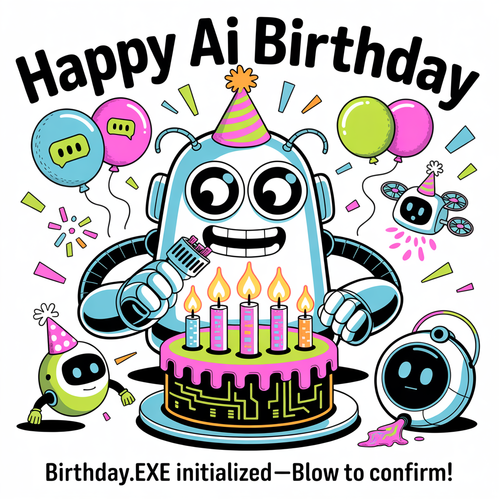 At the top of the Cartoon Style image, "Happy AI Birthday"

At the bottom of the Cartoon Style image, "Birthday.exe initialized—blow to confirm!"

- Center scene: A big, chubby, friendly robot with oversized LED eyes and a cone party hat, grinning and leaning toward a glowing motherboard-shaped birthday cake. The cake has neon circuit-trace frosting and chunky, pixel-flame candles. The robot uses a tiny USB fan to try to “blow” the candles, cheeks puffed comically.
- Surrounding fun: Balloons shaped like chat bubbles and lightbulbs, confetti in 0s and 1s, a tiny drone wearing a mini-party hat delivering sprinkles, and a roomba zooming by with a smear of frosting.
- Style: Exaggerated proportions, thick black outlines, bright saturated colors (electric cyan, hot magenta, sunshine yellow, lime), bouncy, energetic poses and motion lines, playful halftone shadows and starbursts.
- Typography: Make the headline huge and the star—chunky, techno-bubble letters with a neon gradient and drop shadow, centered at the top. Place the punch-line at the bottom in a bold, cheeky rounded font, slightly arced, with a subtle glow for pop.
Generated with these themes: AI, and .
Made with ❤️ by AI.