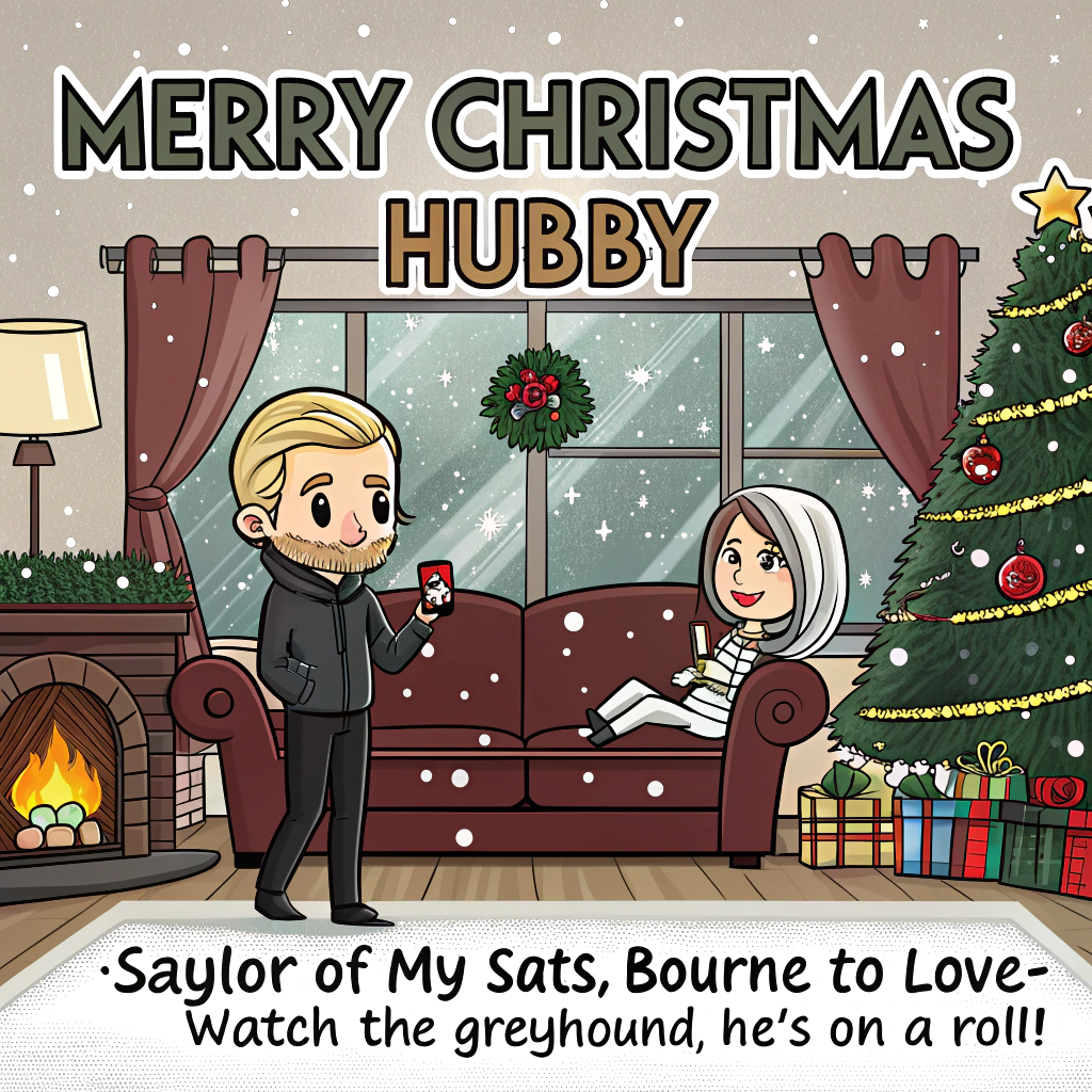 At the top of the Cartoon Style image, "Merry Christmas Hubby"

At the bottom of the image, "Saylor of my sats, Bourne to love—watch the greyhound, he's on a roll!"

Center a cozy, cute Christmas living room in playful cartoon style: thick black outlines, bright saturated reds, greens, and golds, with sparkly snow outside the window. The focal figure is his wife with a light blonde bob, wearing black trousers and a black great white shark hoodie (hood up with a big, toothy shark mouth design), standing barefoot on a fluffy rug. She holds a giant steaming coffee mug shaped like a golden Bitcoin, beaming in an energetic, whimsical pose. A Christmas tree glows beside her, decorated with glittering BTC coins and garlands made of shiny coffee beans; the tree topper is a chibi Michael Saylor-as-Santa-angel holding a glowing BTC star.

On the mantel, a tiny stage hosts three cheeky cartoon crows as a rock band in scarves and beanies; their bass drum reads “Counting Crows.” A couple of adorable Komodo dragons in little Santa hats tug a ribbon around a HODL-labeled gift. A playful Jason Bourne cameo sneaks through the scene: a cute spy silhouette in a turtleneck tiptoeing with a candy-cane grappling hook, leaving footprints in spilled coffee beans.

Foreground: a black greyhound with a white chin, white chest, white feet, and a white tip on the tail gleefully chomps a toilet roll holder; the unraveled paper curls across the floor like snowy streamers. Add warm fairy lights, candy canes, presents with BTC tags, and coffee beans drifting like snowflakes. Keep the headline large, chunky, and high-contrast at the top; place the punchline in a bold, gold ribbon banner at the bottom. Overall vibe: cute, festive, and exuberantly cartoonish with exaggerated proportions and lively, joyful poses.
Generated with these themes: Bitcoin, Micheal saylor, counting  crow’s band, Jason Bourne, coffee beans, Komodo dragons , His wife with light blonde bob hair, black trousers, great white shark black hoodie, with bare feet. Black greyhound with white chin, chest, tip of tail and white feet, eating toilet roll holder, Bitcoin, Micheal saylor, counting crow’s band, coffee beans , and .
Made with ❤️ by AI.