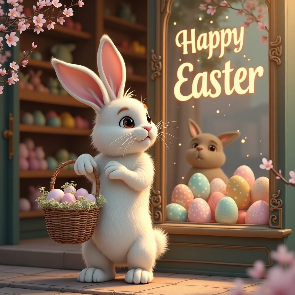Cute Easter bunny with big cute eyes, Old fashioned style chocolate shop full of Easter eggs, Easter bunny carrying a basket and looking in the window of the chocolate shop, and Happy Easter written on the shop Easter Card