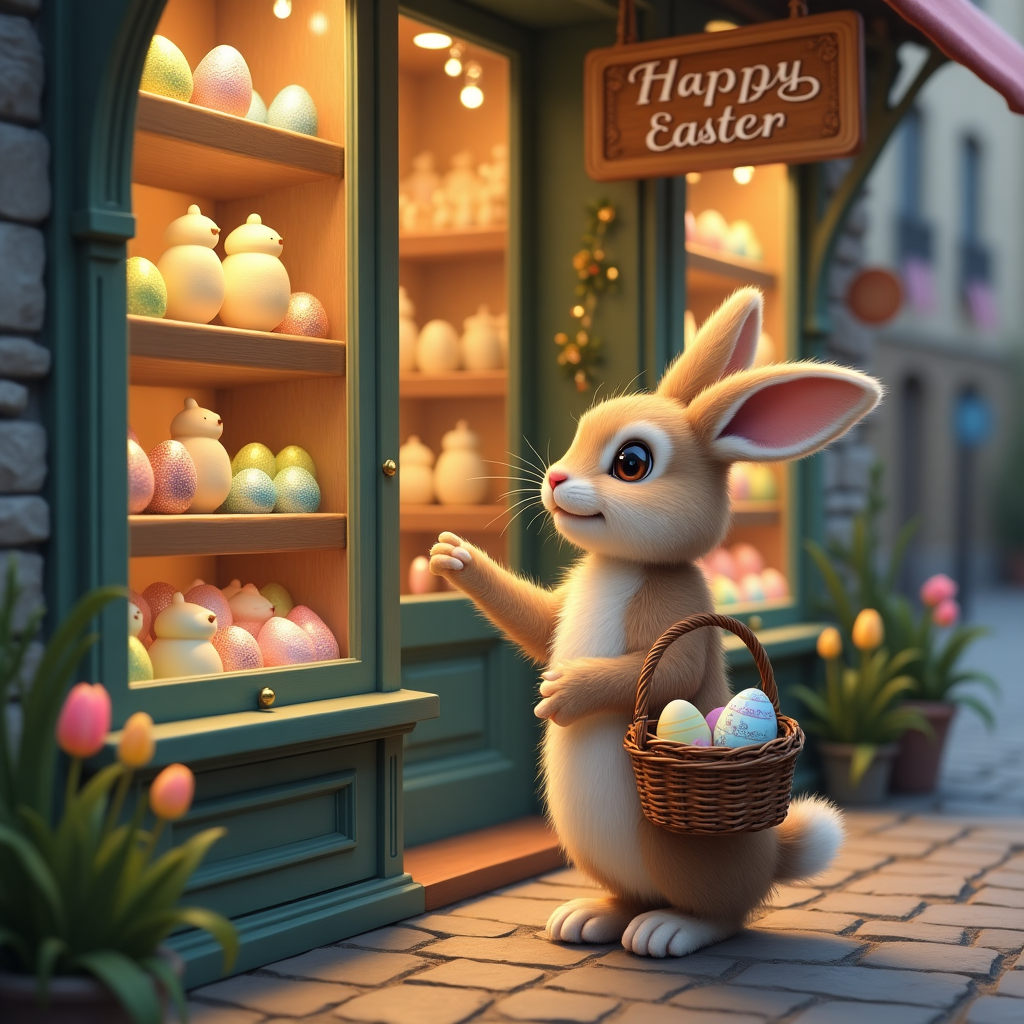 Cute Easter bunny with big cute eyes, Old fashioned style chocolate shop full of Easter eggs, Easter bunny carrying a basket and looking in the window of the chocolate shop, and Happy Easter written on the shop Easter Card