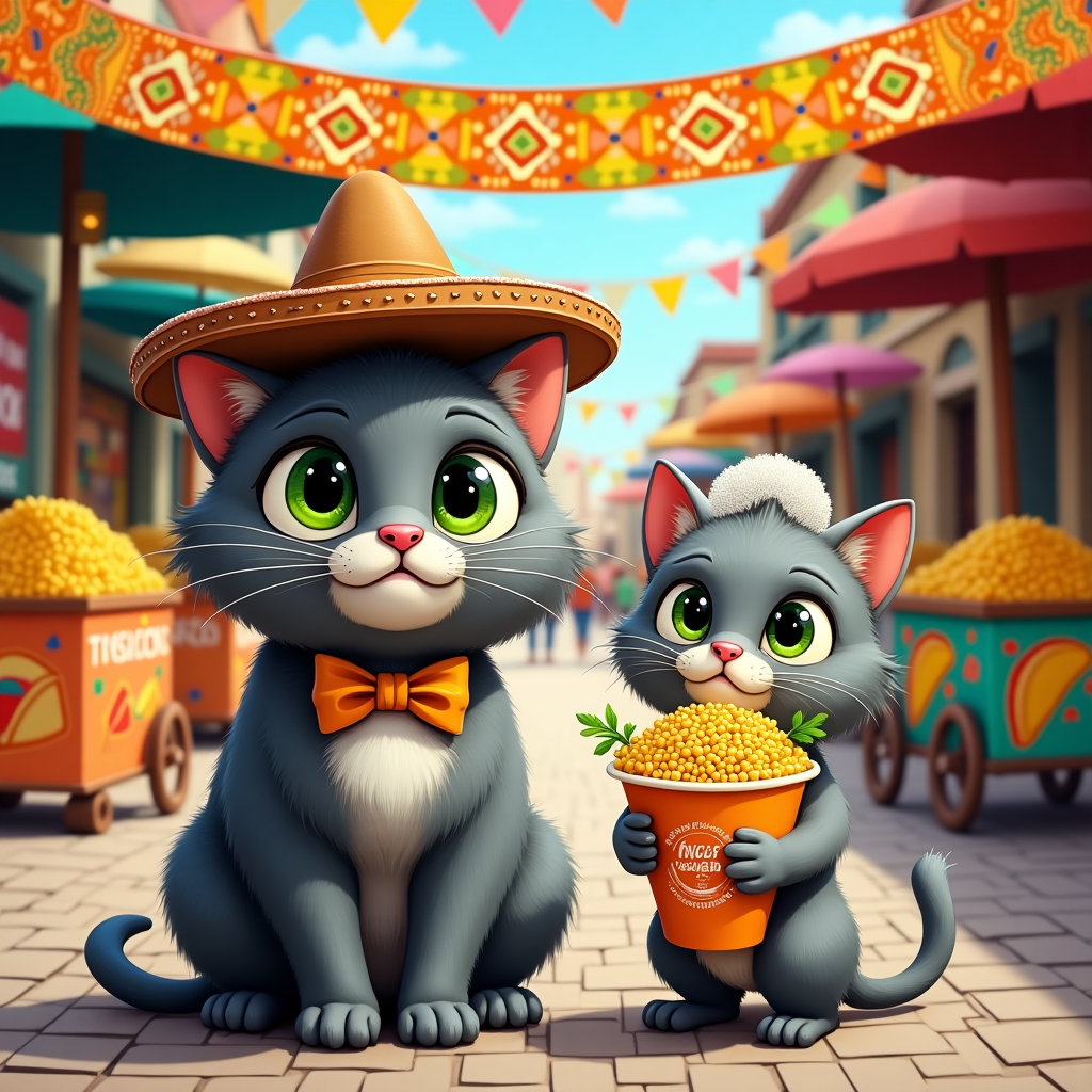 Front and center, a charmingly cartoonish British Shorthair cat with oversized, bright green eyes and a pudgy face sits proudly. The cat sports a tiny, tuxedo-style bowtie and a miniature sombrero perched atop its head, nodding to the Oaxaca theme. Its fur is a rich, deep grey, almost silver, and its whiskers curl outward like springs.

The background is a vibrant, bustling street food scene straight out of a colorful Mexican market. Stalls line either side, each brimming with exaggeratedly oversized esquites - cups overflowing with golden kernels of corn, topped with bright red chili powder, creamy white cheese, and a sprinkle of green cilantro.

In the midst of this, a second British Shorthair cat, this one with a slightly mischievous expression and wearing a tiny wedding veil, holds an esquite cup with cartoonishly large paws. Its fur is a slightly lighter grey, adding contrast to its partner.

Above them, a festive banner stretches across the top of the scene, featuring intricate Oaxacan patterns with geometric shapes in bright yellows, oranges, and blues. Hanging from the banner are tiny papel picado, paper cut-out flags, fluttering in the imagined breeze.

To the side, a cart filled with more street food options stands ready, drawn in the whimsical style of Will Eisner's detailed cityscapes. The cart is painted with vibrant colors, showcasing taco illustrations and the words "Comida Casera" in a playful, bubbly font.

The ground beneath them is a cobblestone street, each stone uniquely shaped, adding texture to the scene. Small, animated details like a mischievous pigeon eyeing an esquite and a distant, bustling crowd of cartoon people wearing a mix of traditional Oaxacan and modern attire fill the background, giving depth and richness.

The overall scene is a lively blend of color and character, packed with exaggerated features and delightful nods to both Oaxacan culture and a whimsical celebration of an anniversary.
Generated with these themes: Oaxaca, British short hair cats, Esquites, Street food, and Wedding.
Made with ❤️ by AI.