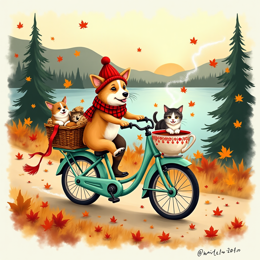 Hand-drawn illustration in a cute, cozy Canadian autumn scene: a mint-green vintage bicycle with a teacup-shaped sidecar glides along a maple-leaf-strewn path beside a calm lake at golden hour. Two puppies (a corgi and a golden retriever) pedal and steer, wearing tiny red toques and plaid scarves; two kittens (a tabby in the wicker front basket and a calico lounging in the teacup sidecar) beam with whiskery smiles. The basket overflows with Canadian snacks—Nanaimo bars, butter tarts, and maple-leaf cookies—and a porcelain teapot pours into a patterned cup, steam curling into soft heart shapes. A string of little maple-leaf pennants flutters from the rear rack; pine ridges and distant snowy peaks frame a warm, honeyed sky. Fine ink linework, textured watercolor/gouache brush strokes, soft paper grain; warm expressive palette of maple red, honey gold, soft teal, cream, and spruce green. Balanced, motion-filled composition, portrait orientation, lots of adorable fur texture and twinkly eyes. Small, hand-lettered caption on a trailing ribbon near the bottom: “Wheely grateful, fur real—thanks, eh!” in playful brush script. No other text.
Generated with these themes: Kittens, Puppies, Cycling , Canadian , Snacks , Tea , and .
Made with ❤️ by AI.