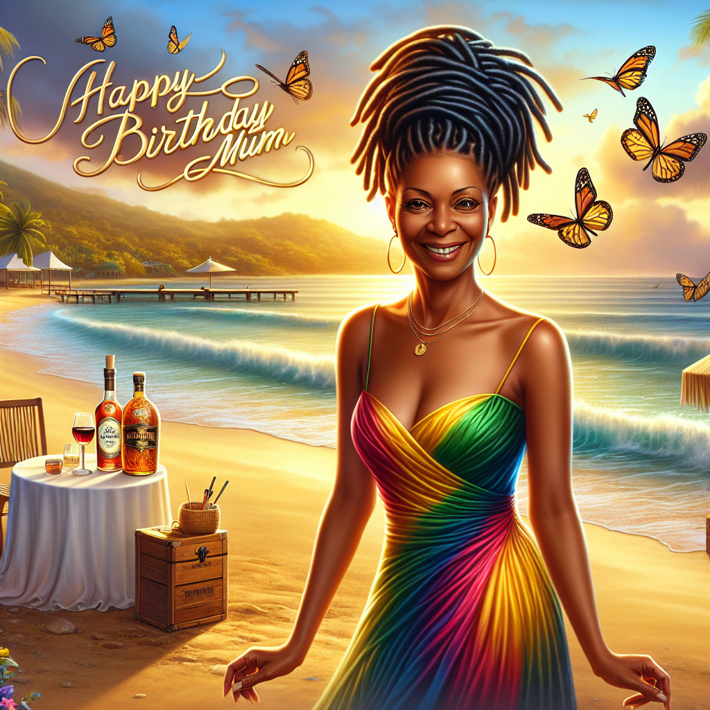 Happy birthday mum, Black woman with dreadlocks, Jamaica, Brandy, Butterflies , Caribbean Beach, and Dress Birthday Card