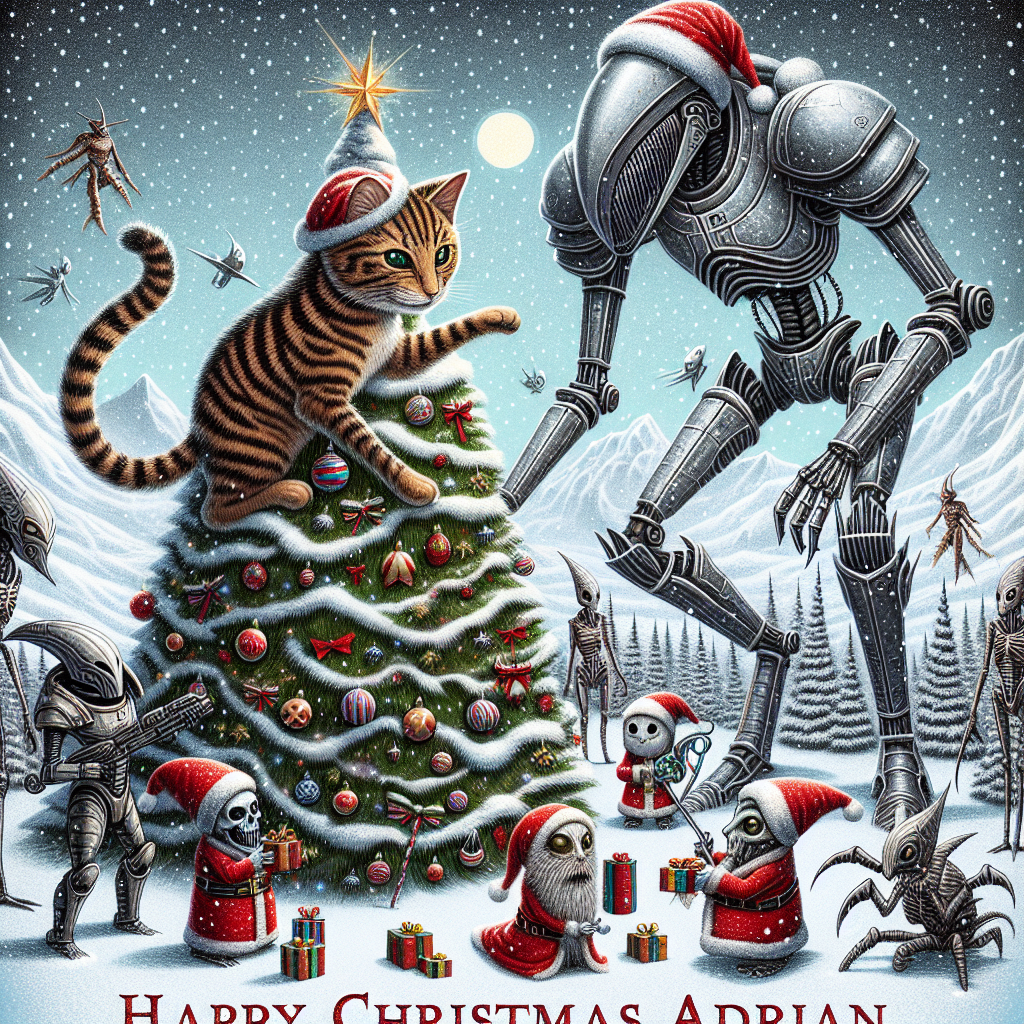 A whimsical Christmas illustration features a snow-covered landscape with a Tabby cat playfully perched atop an Imperial Knight, both donning Santa hats. Necrons and Tyranids, with holiday garlands draped over their metallic and chitinous frames, are exchanging gifts beneath a Warhammer-inspired Christmas tree. The phrase 'Happy Christmas Adrian' is etched in the snow in elegant lettering.
Generated with these themes: Warhammer, Necrons, Tyranid , Imperial knight, and Tabby cat.
Made with ❤️ by AI.