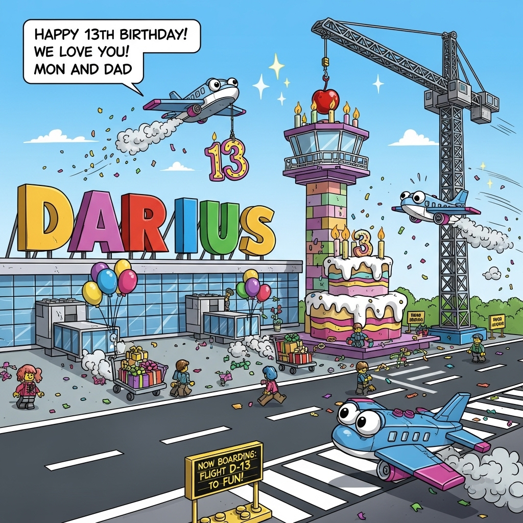 At the top of the Cartoon Style image, Happy 13th birthday! We love you! Mon and Dad

A hilarious, high-energy cartoon scene of a bustling airport made entirely from colorful Lego bricks: a bright Lego terminal where giant 3D Lego letters spell DARIUS across the facade, an exaggerated chunky Lego runway with bold white stripe bricks, and playful Lego airplanes with goofy cartoon eyes and oversized wings taxiing and taking off, puffing confetti-like clouds of tiny Lego studs. In the center, a towering birthday-cake control tower built from stacked pastel Lego layers with “icing” bricks and candles; cheerful Lego cranes swing in, one hoisting a candle shaped like the number 13, another dangling a giant cherry over the cake. Tiny Lego ground crew zip about with luggage carts stacked with wrapped gifts; balloons and streamers are all translucent Lego pieces. Whimsical, exaggerated proportions, thick black outlines, cel-shaded, ultra-saturated candy colors, big motion swooshes and sparkles, clear sky at the top for the headline. Make DARIUS prominent as huge primary-color Lego letters, partially being lifted by a crane. Add a small yellow departures-board style sign near the bottom that reads: Now boarding: Flight D-13 to FUN!
Generated with these themes: Airport built out of Lego, Airplanes built out of Lego, Runway built out of Lego, Cranes built out of Lego, Birthday cake built out of Lego, DARIUS built out of Lego, and .
Made with ❤️ by AI.