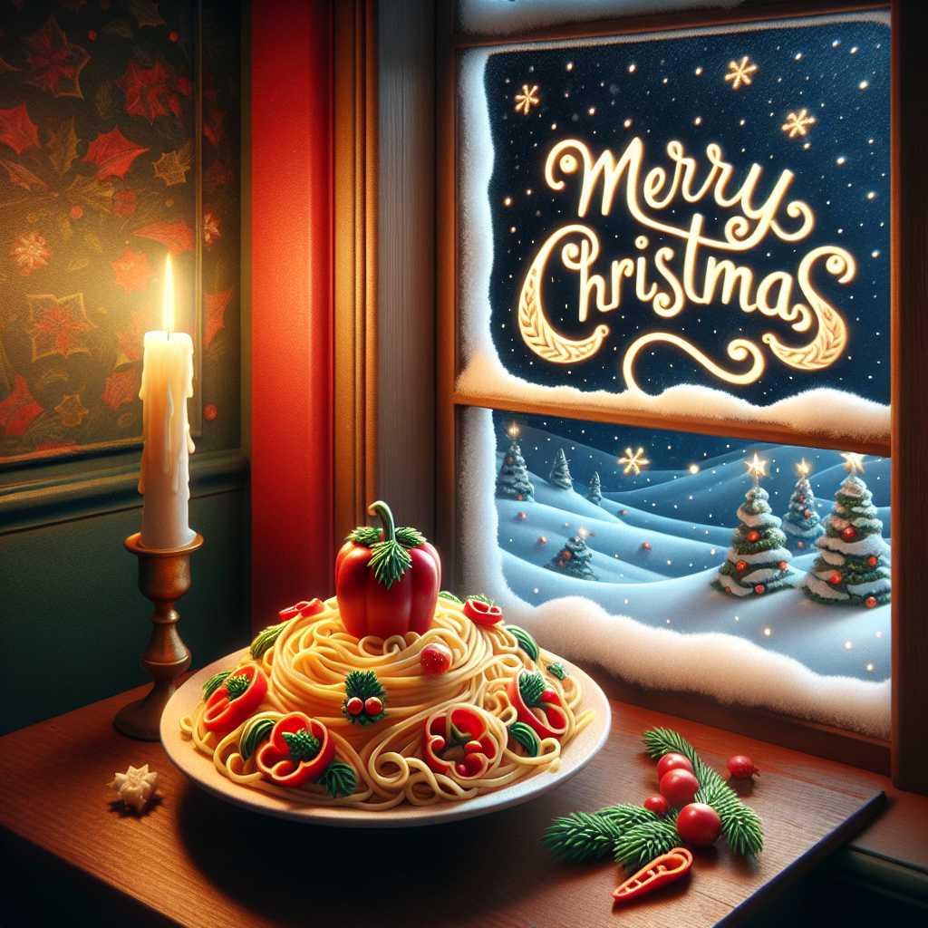 A cozy Christmas scene depicting a warm, candle-lit room with soft snow falling outside the window. In the center, a whimsically drawn plate of spaghetti is garnished with red and green bell peppers to resemble a festive wreath. To the side, 'Merry Christmas' is elegantly scribed in curly font, adding a charming touch to the illustration.
Generated with these themes: Spaghetti .
Made with ❤️ by AI.