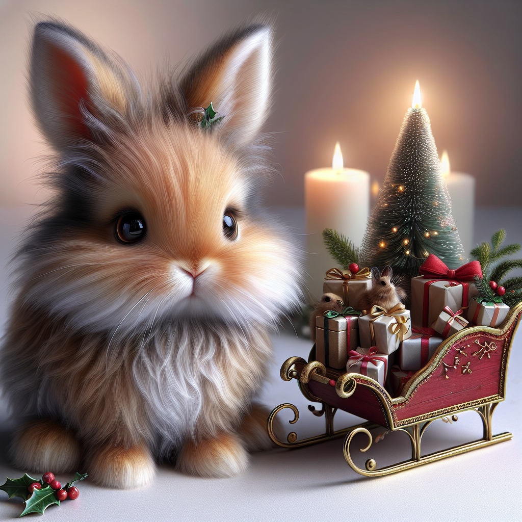The scene unfolds with a delicate, realistic bunny seated beside a miniature sleigh filled with tiny, wrapped gifts. Its large, expressive eyes reflect the gentle glow of the candle-lit Christmas tree nearby. Hints of holly berries in its fur make for a charming holiday touch.
Generated with these themes: bunny.
Made with ❤️ by AI.