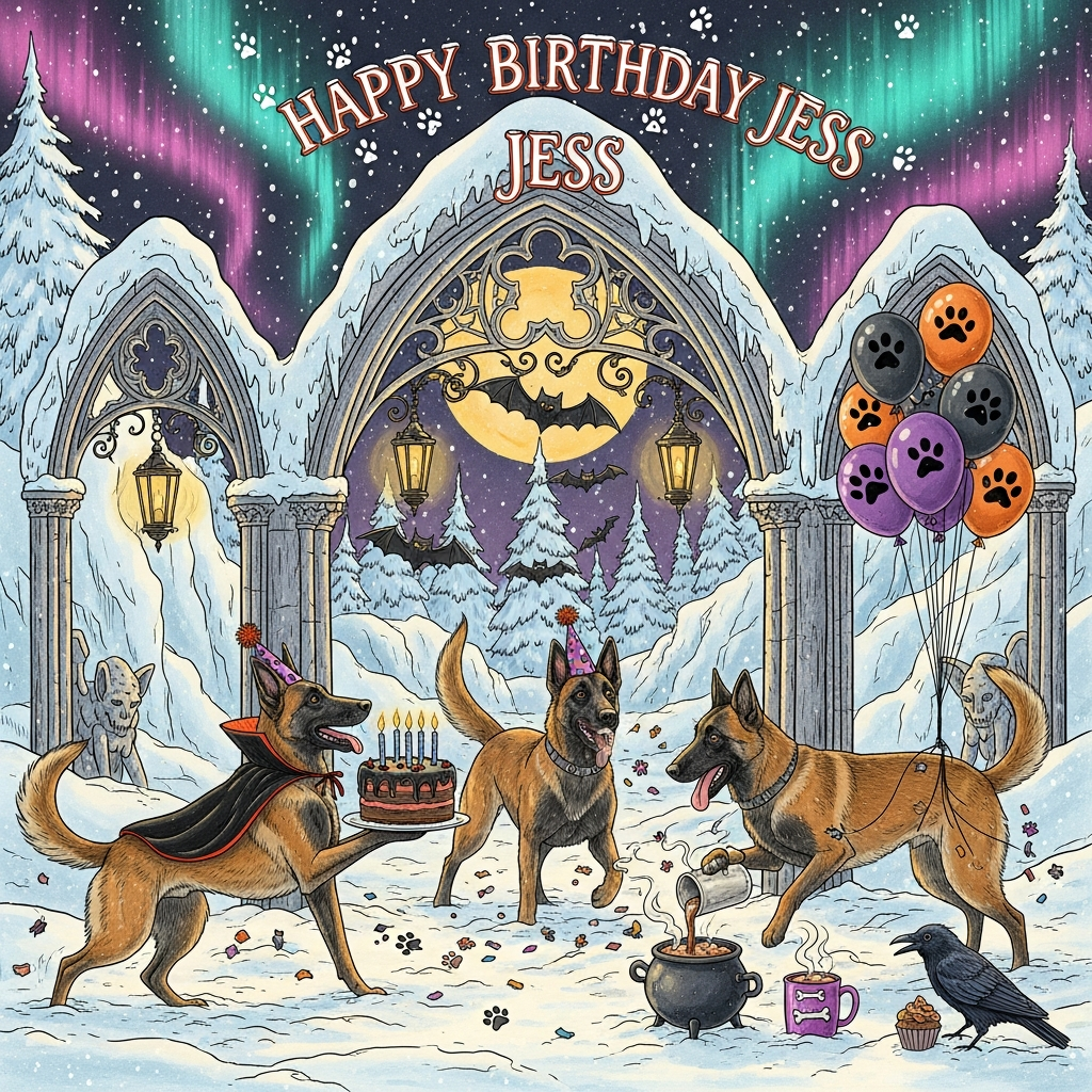 At the top of the Illustration Style image, “Happy Birthday Jess” in ornate, playful gothic hand-lettering with tiny snow-dusted pawprints.

Hand-drawn illustration with fine linework and textured brush strokes: a funny, gothic-tinged birthday scene set in an arctic forest. Black spruce and silver birch bend together to form cathedral-like arches of snow and ice, with wrought-iron lanterns hanging from branches, casting a warm amber glow that contrasts the cool moonlit snow. Northern lights ripple overhead in teal and magenta, framing the scene.

Center stage, three Belgian Malinois dogs:
- The lead Malinois wears a tiny velvet vampire cape and a bat-shaped party hat, proudly presenting a midnight-frosted birthday cake perched on an icy gothic spire; candles flicker, steam from warm doggy breath curling in the cold.
- A second Malinois mid-leap, tongue out, chases a drifting bat-shaped snowflake, scattering pawprint confetti across the snow.
- A third Malinois pours hot cocoa from a miniature cauldron into a bone-embossed mug, raising an eyebrow at a mischievous raven attempting to steal a cupcake.

Comedic details: bat-shaped confetti caught in fluffy tails, snow-gargoyles peeking from snowdrifts, a string of raven-shaped balloons tugging at their leash. Balanced composition with the dogs and cake centered beneath the tree-arch “nave,” warm, expressive color palette (rich ambers, russet fur, blush highlights) against cool arctic blues and violets. Fine ink linework for fur and branches; textured paper grain visible in the snow and sky.

At the bottom, a small hand-lettered caption in playful script: “Fang-tastic barkday!”
Generated with these themes: Belgian malinois dogs, arctic forrests, gothic scenes, and .
Made with ❤️ by AI.