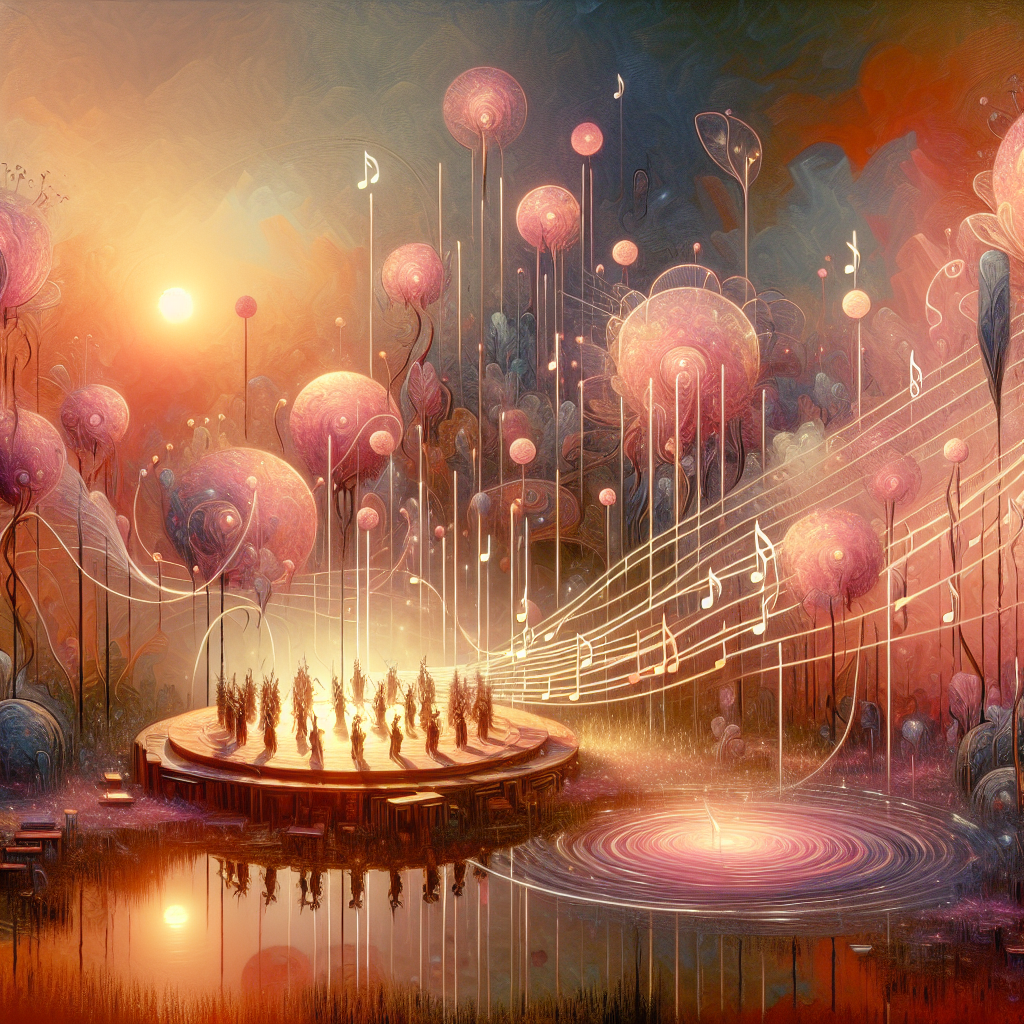 Picture an abstract, calm dimension where the progression of time is signified by a leisurely moving sun showering soft pink and golden tones. In this quiet landscape, an array of fanciful, botanical structures tower, their centers rhythmically humming with a gentle, melodious tone, composing a symphony of tranquility. This harmonious melody breathes life into the ethereal surroundings, with musical notes manifesting as visible, glowing strands, merging around a peaceful pond. Revelers, depicted as fluid, interconnected forms, levitate with calm elegance, their movements mirroring the ambient music, hence embodying the spirit of peace in this otherworldly birthday celebration.
Generated with these themes: Music, Plants, and Serenity.
Made with ❤️ by AI.