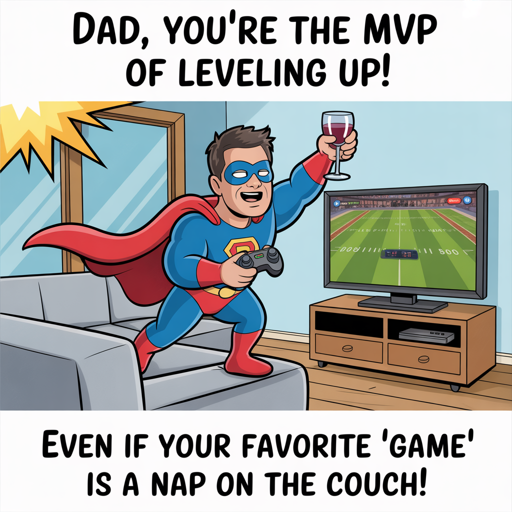 At the top of the image, "Dad, You're the MVP of Leveling Up!"

At the bottom of the image, "Even if your favorite 'game' is a nap on the couch!"

- In the center of the image, create a cartoon scene where a dad is dressed as a superhero football player, holding a game controller in one hand and a wine glass in the other. His cape is humorously snagged on a sofa, and a television in the background displays a paused video game. Bright colors and exaggerated expressions add to the playful vibe.
Generated with these themes:  Video games, football, wine, and .
Made with ❤️ by AI.