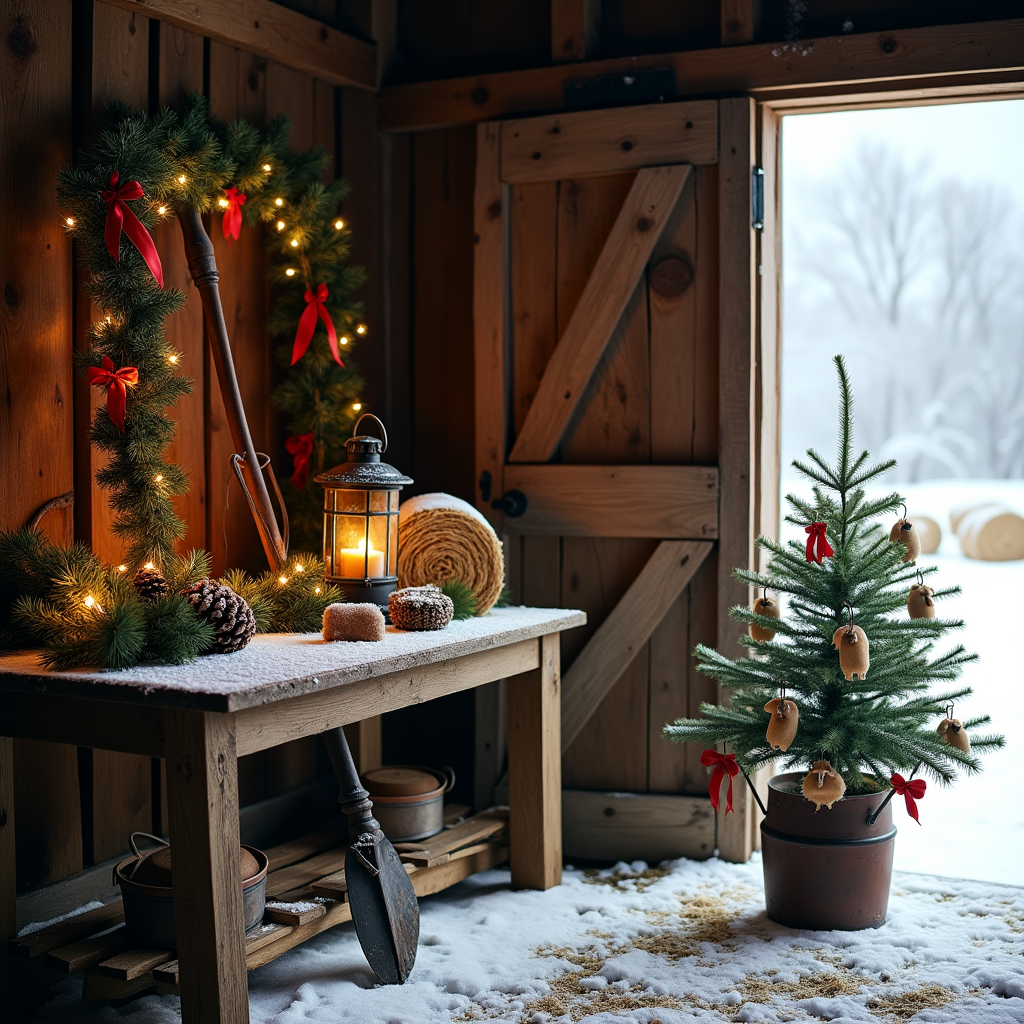 Antique Farming Tools in a Festive Scene: A still life of old-fashioned scythes, plows, or hay rakes adorned with holly, pinecones, and red ribbons., and Christmas Card