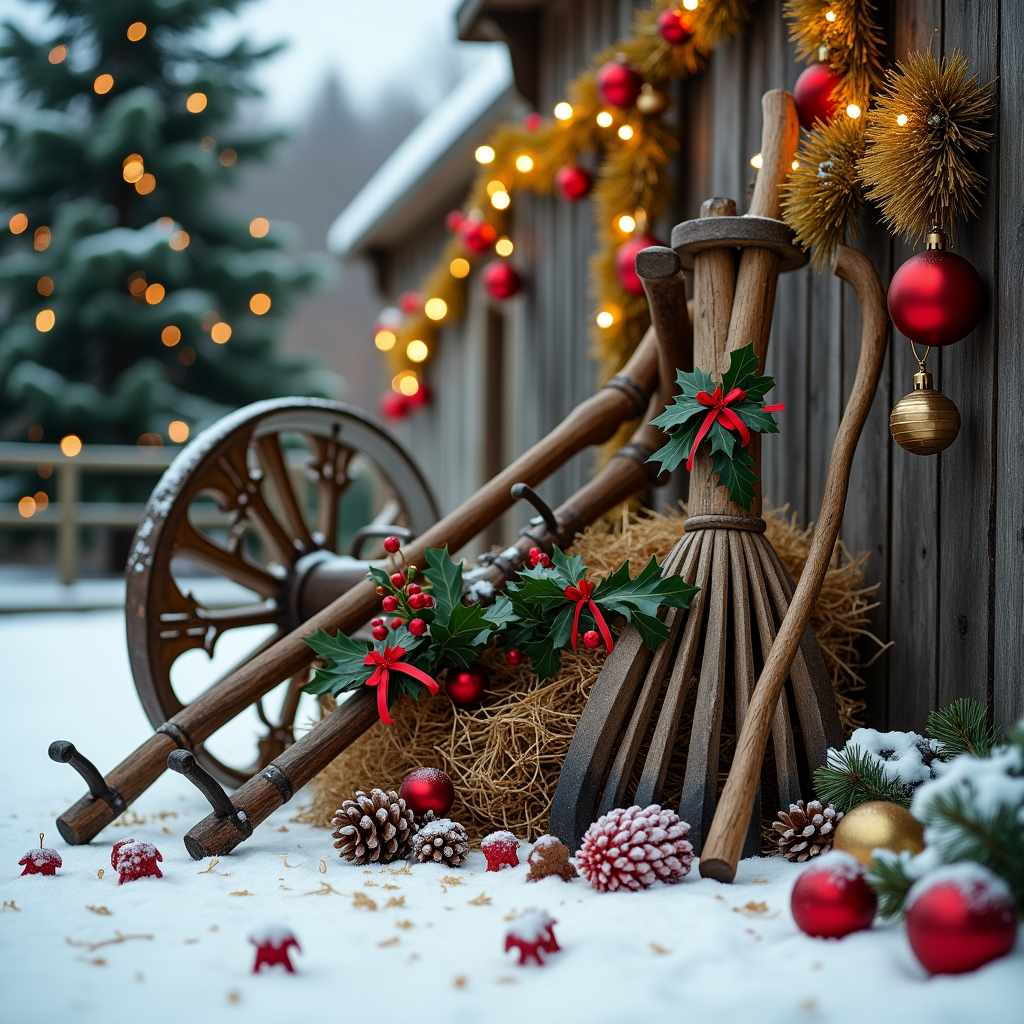 In a snow-blanketed barnyard that appears untouched by modernity, a whimsical Christmas scene unfolds, merging the nostalgia of antique farming tools with festive cheer. At the center of the card, an elegantly weathered wooden plow, with its iron blades glinting softly under the twinkling glow of old-fashioned Christmas lights, takes pride of place. Its handles are wrapped in garlands of holly, complete with glossy leaves and clusters of bright red berries. Resting against the plow, an intricately carved wooden hay rake displays its teeth like a row of smiling, friendly grins, each tooth tied with a tiny crimson ribbon. A vintage scythe, its curved blade etched with age, leans against a pile of fresh, glistening pinecones that are dusted with a light sprinkling of snow. These pinecones are artistically scattered across the ground, intermingled with ornaments shaped like miniature wooden barn animals. In the background, a rustic wooden fence is adorned with a long string of red and gold baubles, twinkling in the frosty air, their surfaces reflecting the surrounding scene like a kaleidoscope of holiday hues. Behind the fence, a majestic snow-dusted pine tree, festooned with golden tinsel and a star on top, towers above, completing the harmonious blend of antique charm and Christmas festivity.
Generated with these themes: Antique Farming Tools in a Festive Scene: A still life of old-fashioned scythes, plows, or hay rakes adorned with holly, pinecones, and red ribbons., and .
Made with ❤️ by AI.