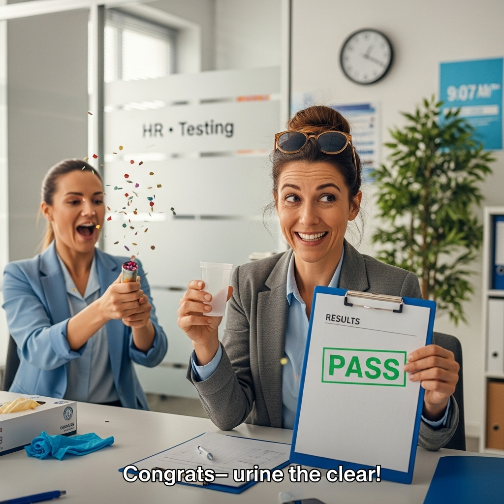 Photorealistic 4K UHD candid office scene in a funny mood. Setting: an HR testing room with a frosted glass door that subtly reads “HR • Testing,” soft morning window light streaming in. Foreground: a clearly adult office woman (late 20s to 30s), slightly disheveled and bleary-eyed but grinning triumphantly; messy bun, smudged eyeliner, oversized sunglasses perched on her head, blazer over a rumpled blouse. She holds a sealed specimen cup and a results clipboard prominently stamped in bold green: PASS. Beside her, an HR staffer looks comically stunned, mid-pop with a small confetti popper; colorful confetti hangs in the air. Desk details: gloves box, clipboard, neutral office supplies; no logos, no explicit drug paraphernalia. Background: wall clock at 9:07 AM, office plant, muted posters; soft bokeh for depth. Lighting: natural side light plus soft overhead fill; bright, clean, true-to-life color grade. Camera: 50mm prime, f/2.0, ISO 200, 1/200s; shallow depth of field, lifelike textures (skin pores, paper fibers, glass reflections), rich dynamic range. Composition: vertical portrait, subject fills ~60% of frame, with tasteful negative space near the bottom for a small caption.

Add a small single-line caption on the image, centered at the bottom in a clean bold sans-serif, white with a subtle drop shadow:
"Congrats—urine the clear!"
Generated with these themes: Drugged out girl passing drug test at work, and .
Made with ❤️ by AI.