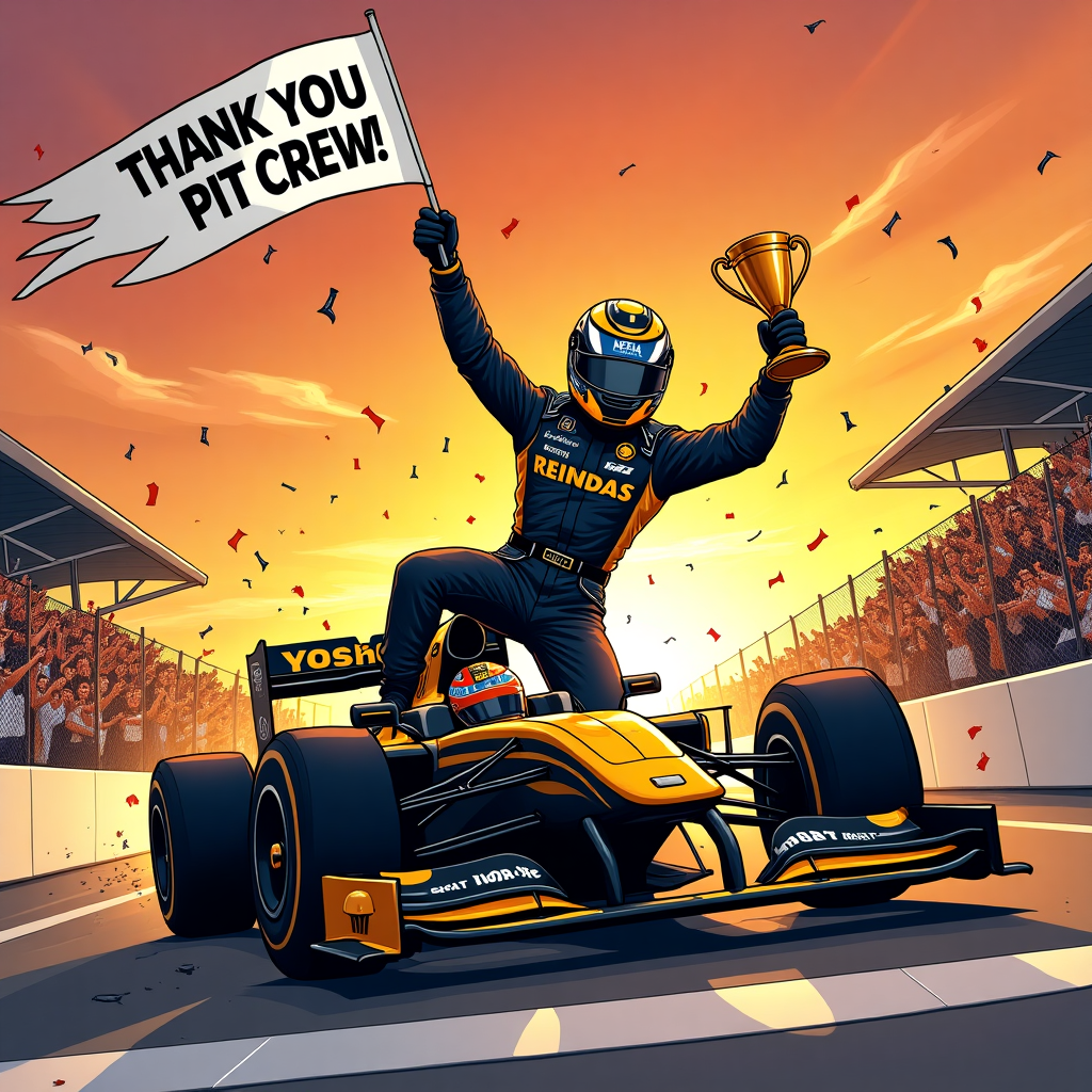 A black and gold race car from the APEX team wins a F1 grand prix at sunset in front of a cheering crowd.  the driver of the car is wearing a helmet and race suit and is holding his arms out in celebration. Thank-you Card
